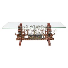 Arts and Crafts Sicilian Polychromed Wood & Iron Glass Top Oxcart Cocktail Table