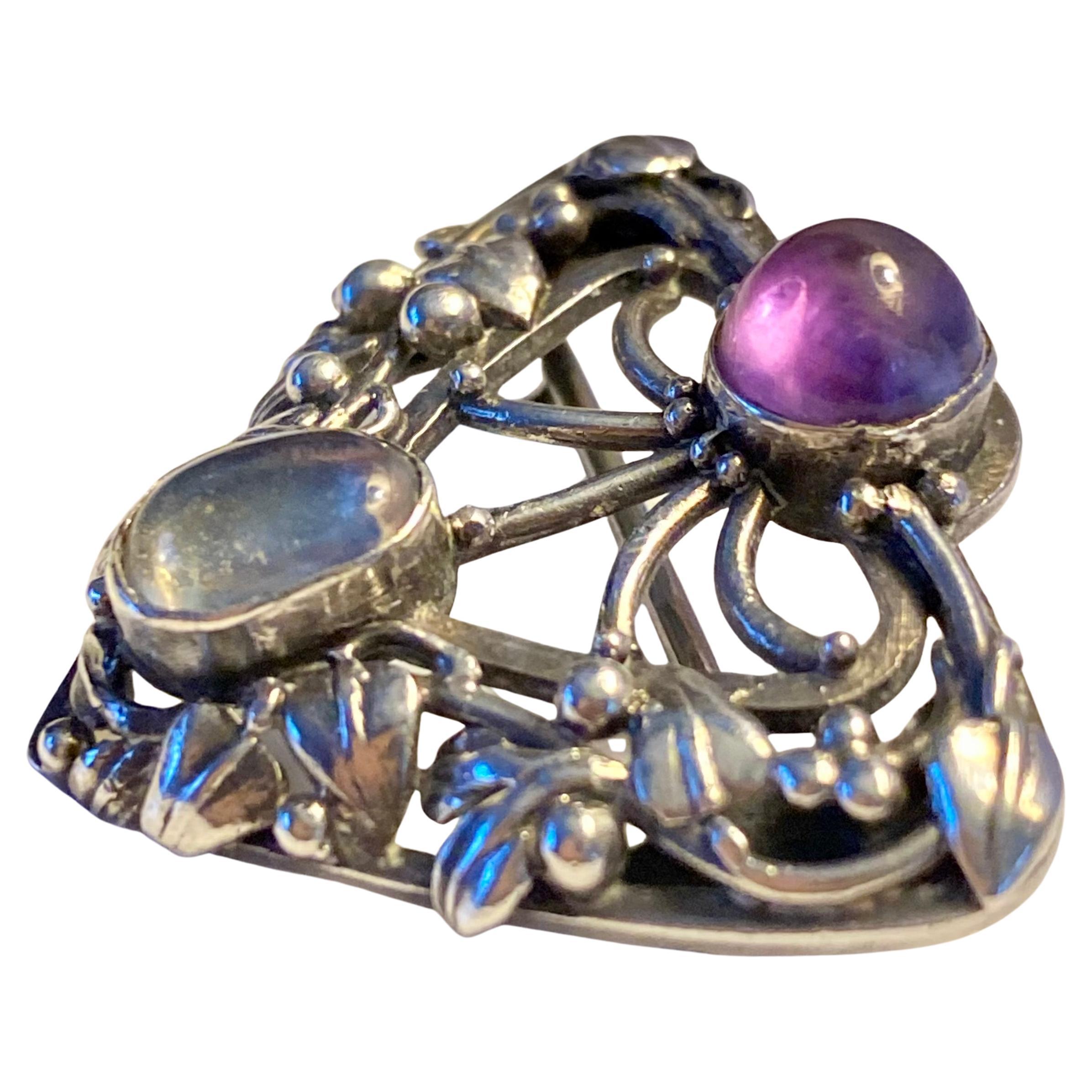 Arts and Crafts Silver, Amethyst and Moonstone Cabochon Brooch