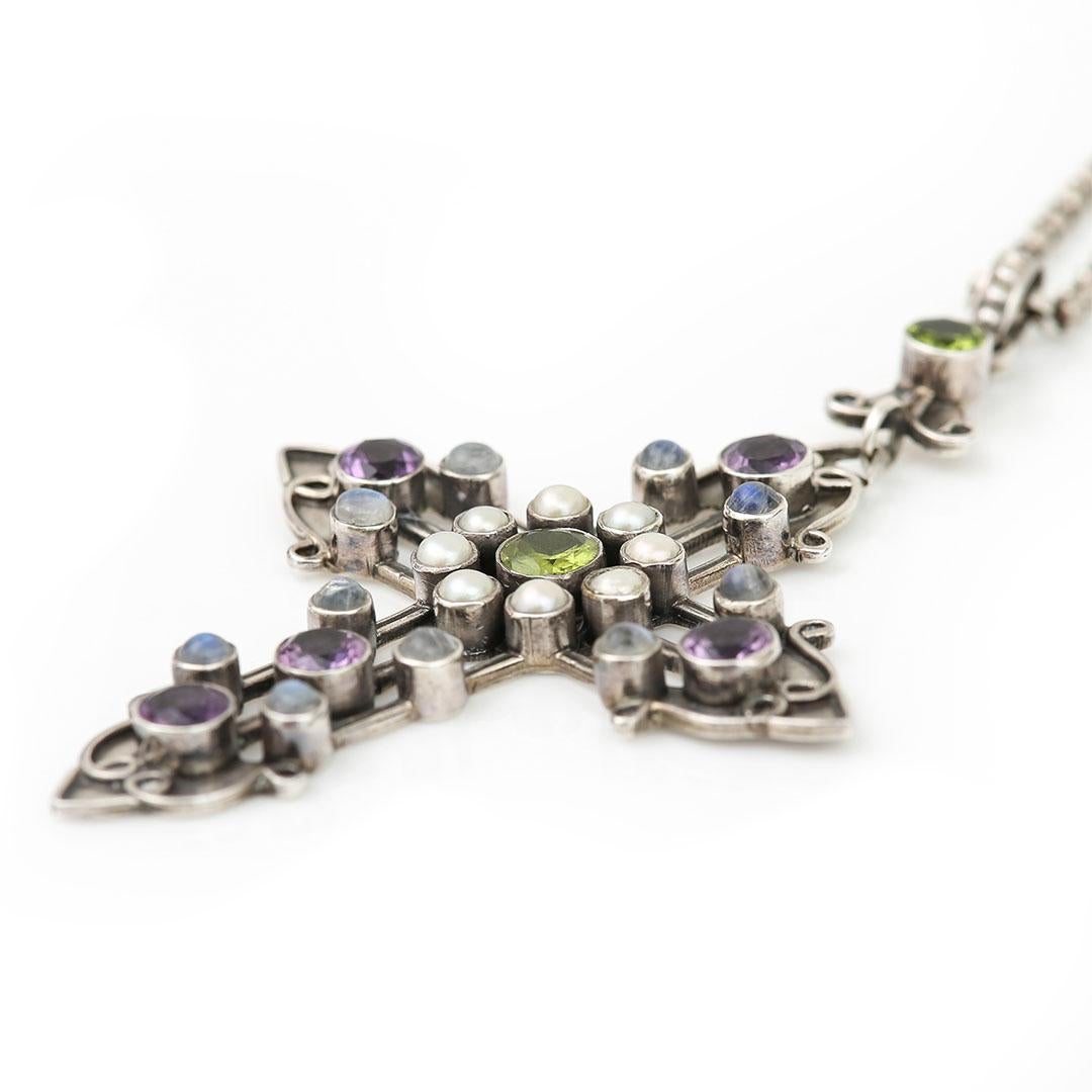 Round Cut Arts and Crafts Silver Multi Gem Cross Pendant, Circa 1900 For Sale