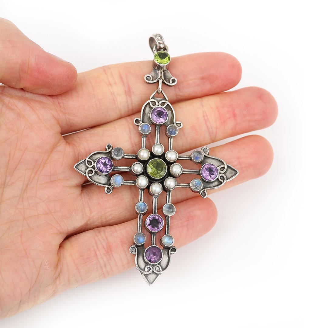 Women's or Men's Arts and Crafts Silver Multi Gem Cross Pendant, Circa 1900 For Sale