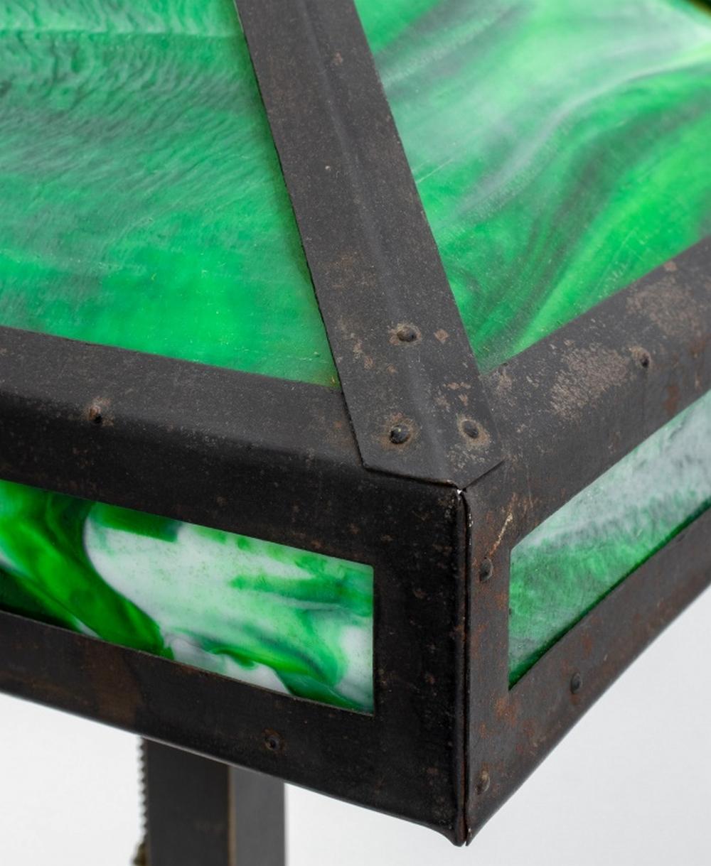 Arts and Crafts Slag Glass Table Lamp, early 20th century, on brass and iron base. 22.25