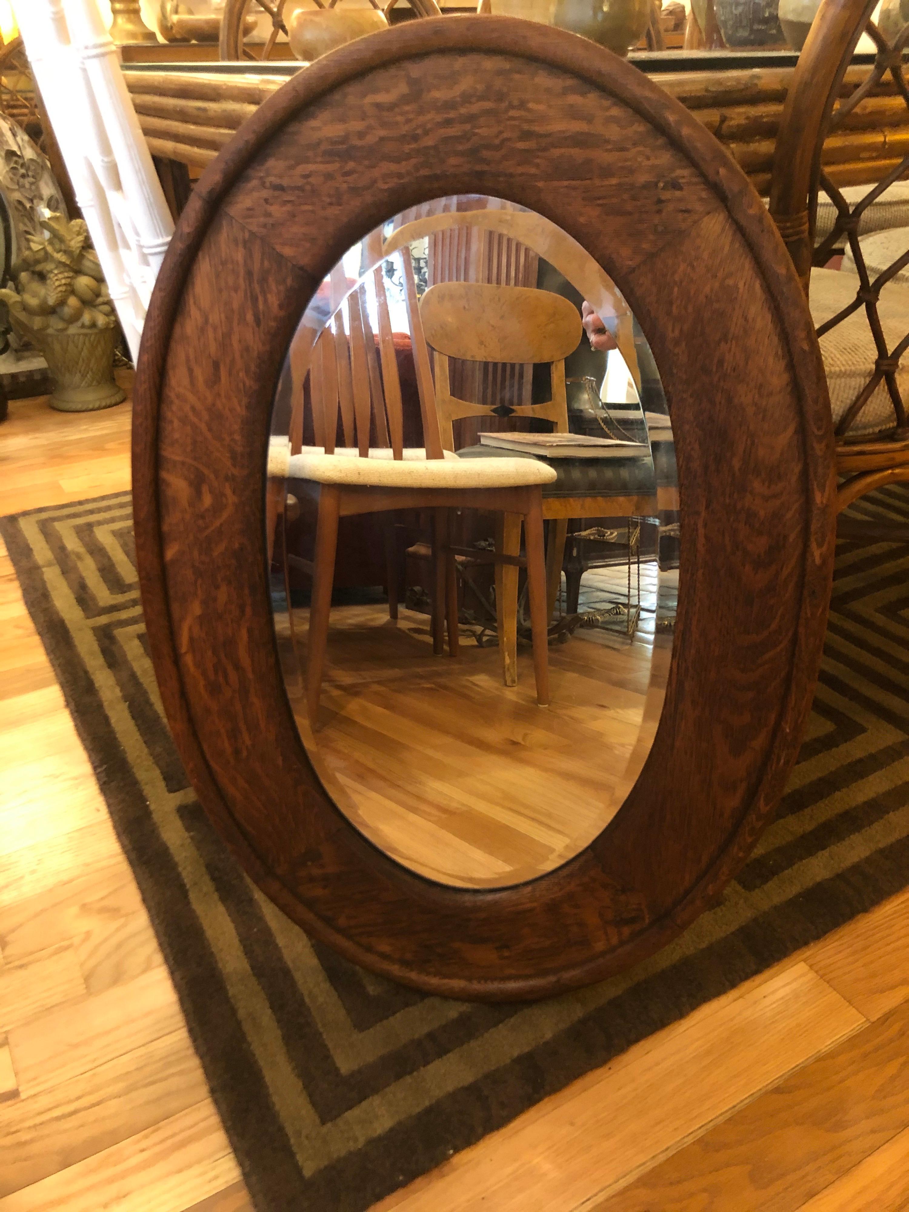 Early 20th Century Arts and Crafts Solid Oak Oval Mirror