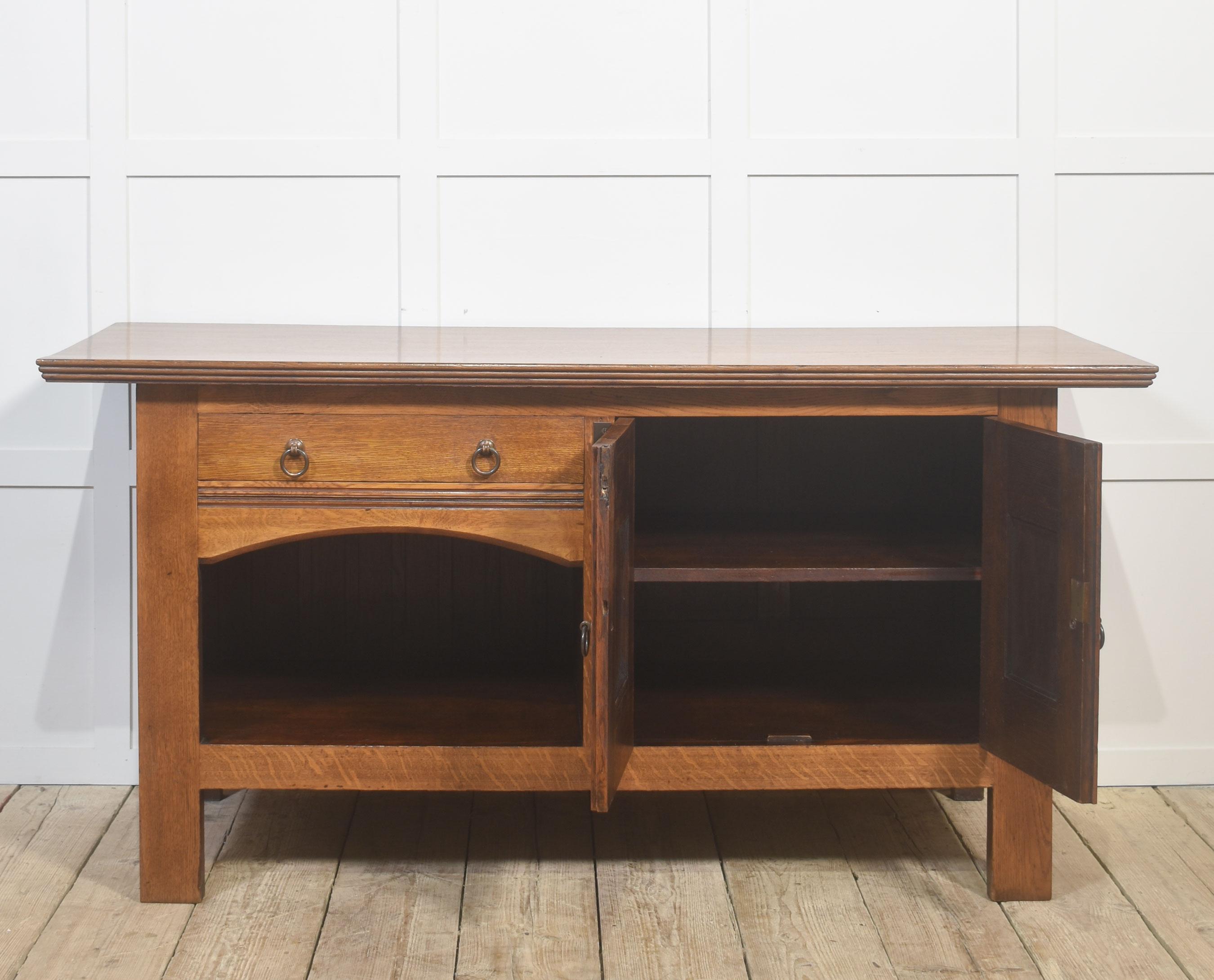 British Arts and Crafts Solid Oak Sideboard For Sale