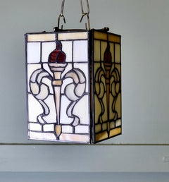 Classic 1960s Arts and Crafts Stained Glass Lamp Shade, Opaline Glass