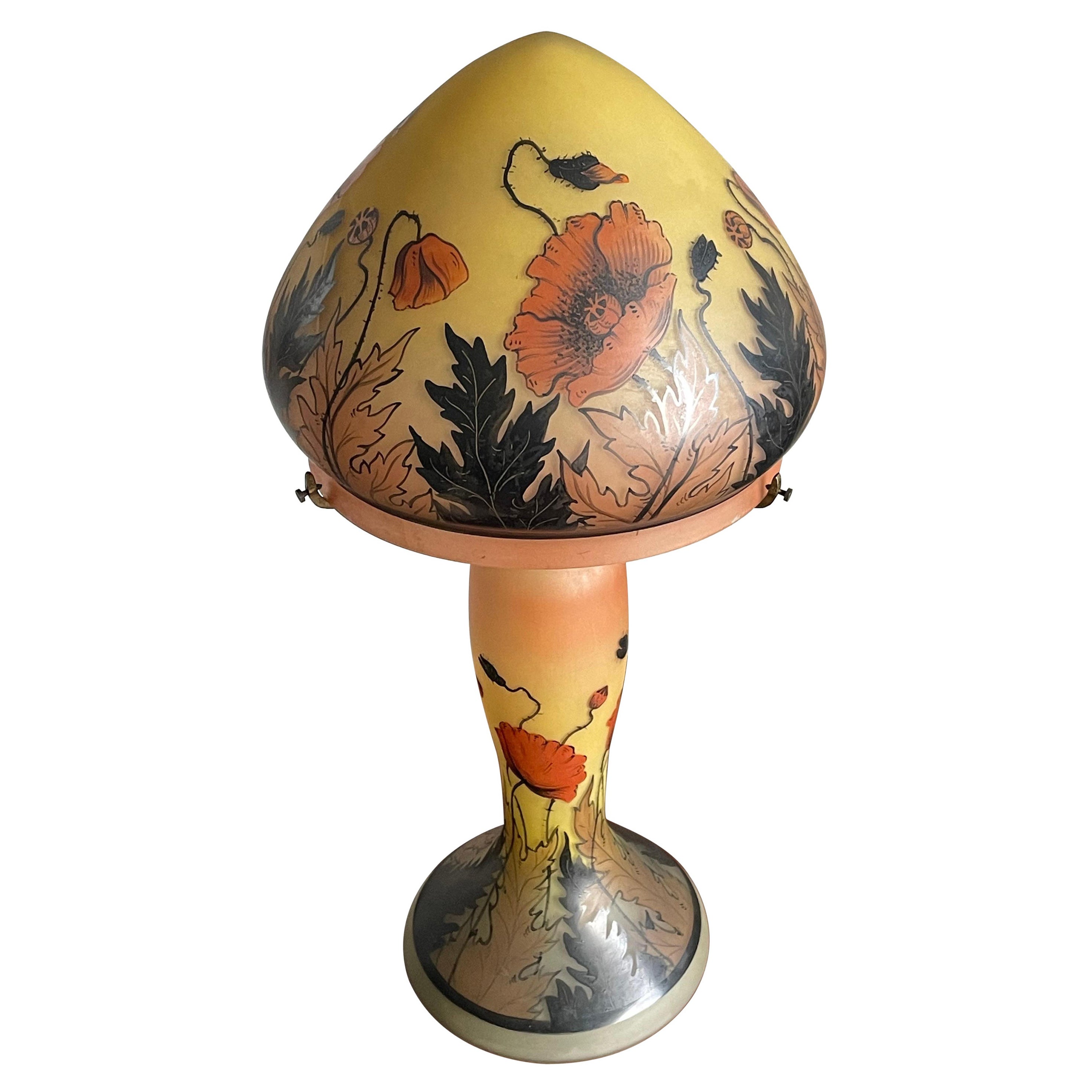 Arts and Crafts Stained Glass Table or Desk Lamp w. Hand Painted Poppy Flowers