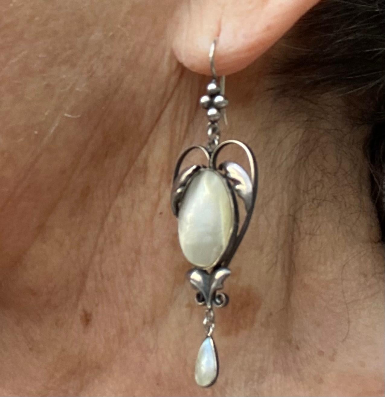 Women's Arts and Crafts Sterling and. Mother of Pearl Earringsc. 1900 For Sale