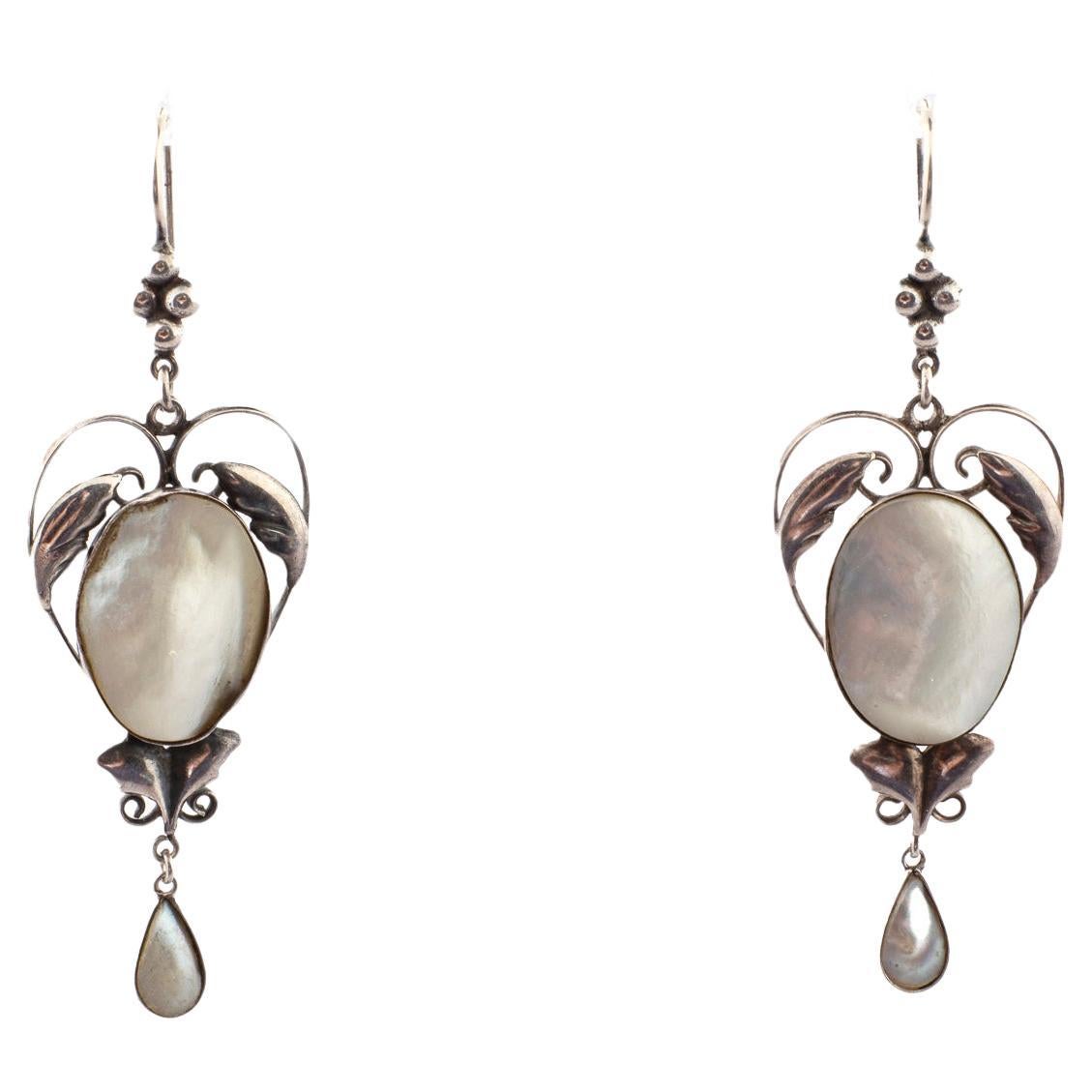 Arts and Crafts Sterling and. Mother of Pearl Earringsc. 1900 For Sale