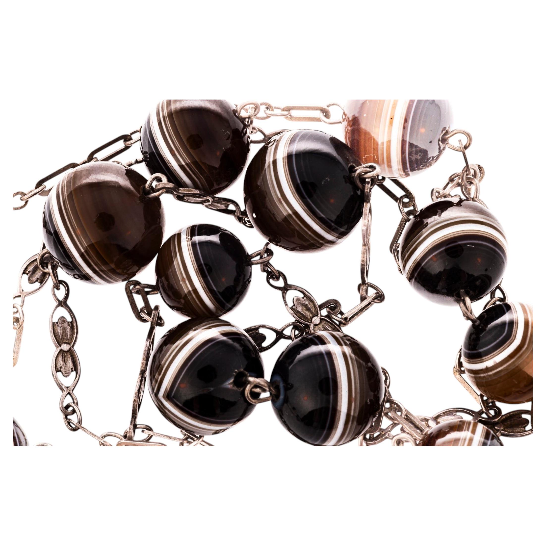 Arts and Crafts Sterling Silver Banded Agate Bead Necklace For Sale