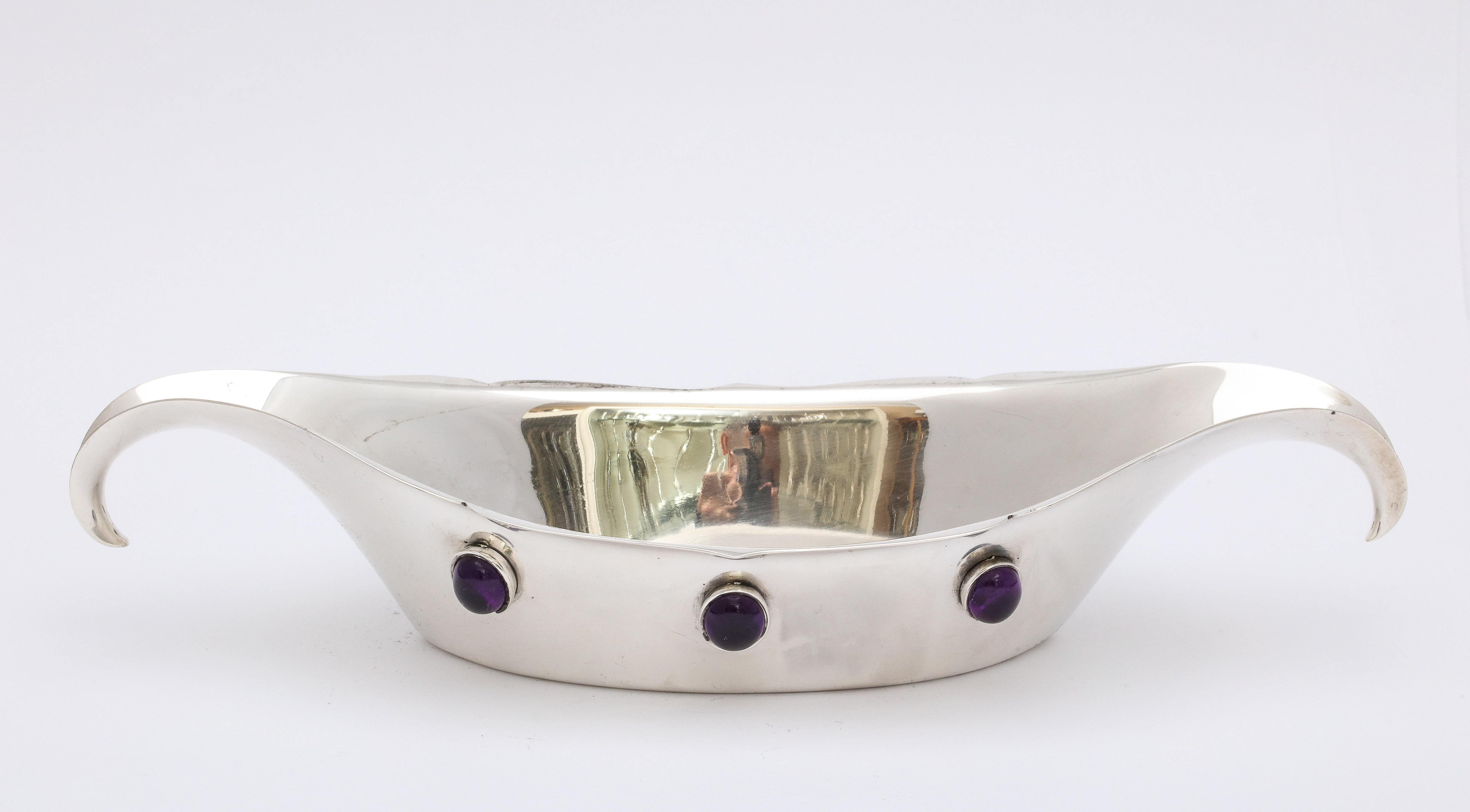 Arts & Crafts Sterling Silver Bowl Inset with Cabochon Cut Bezel Set Amethysts 6