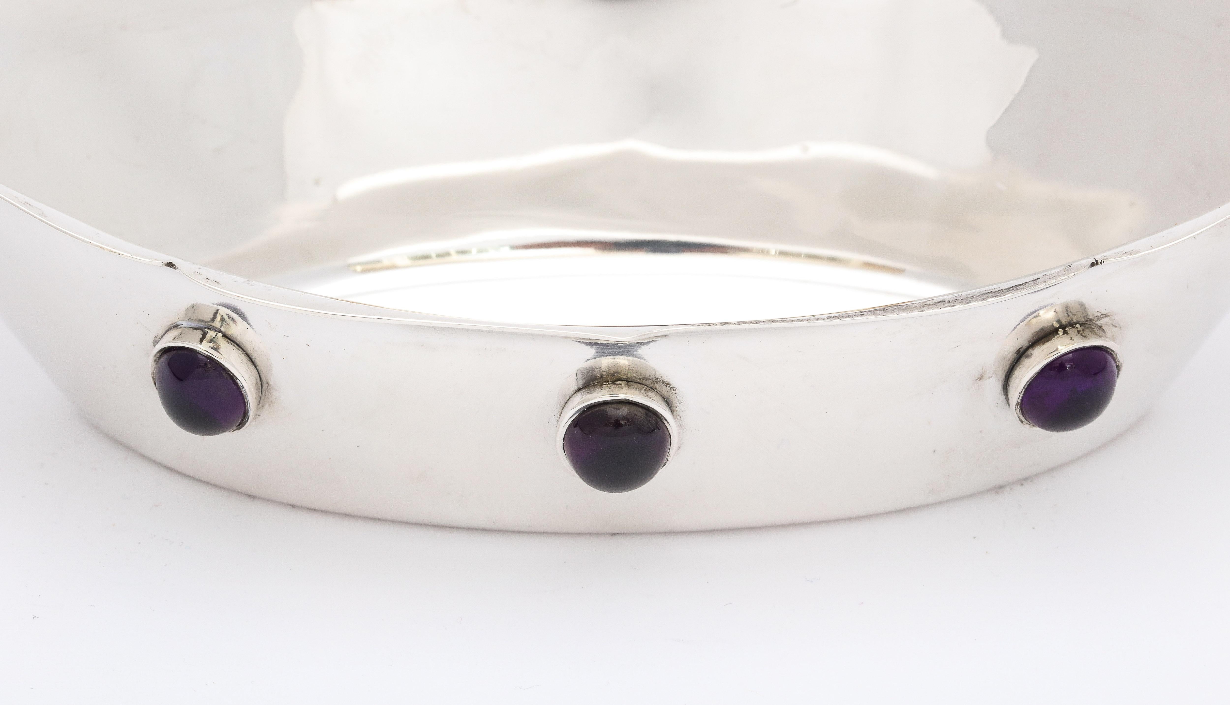 Arts and Crafts Arts & Crafts Sterling Silver Bowl Inset with Cabochon Cut Bezel Set Amethysts