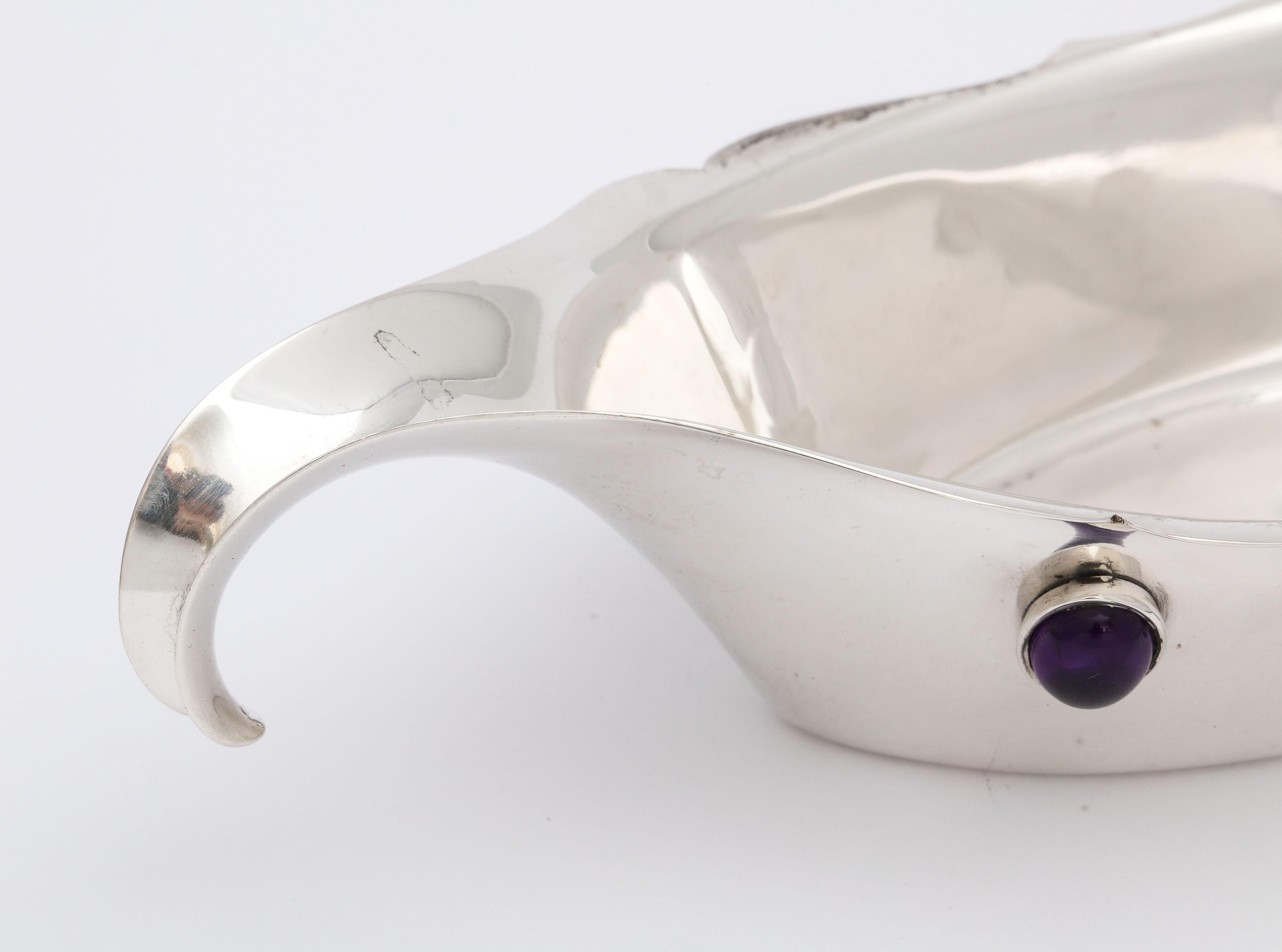 Early 20th Century Arts & Crafts Sterling Silver Bowl Inset with Cabochon Cut Bezel Set Amethysts