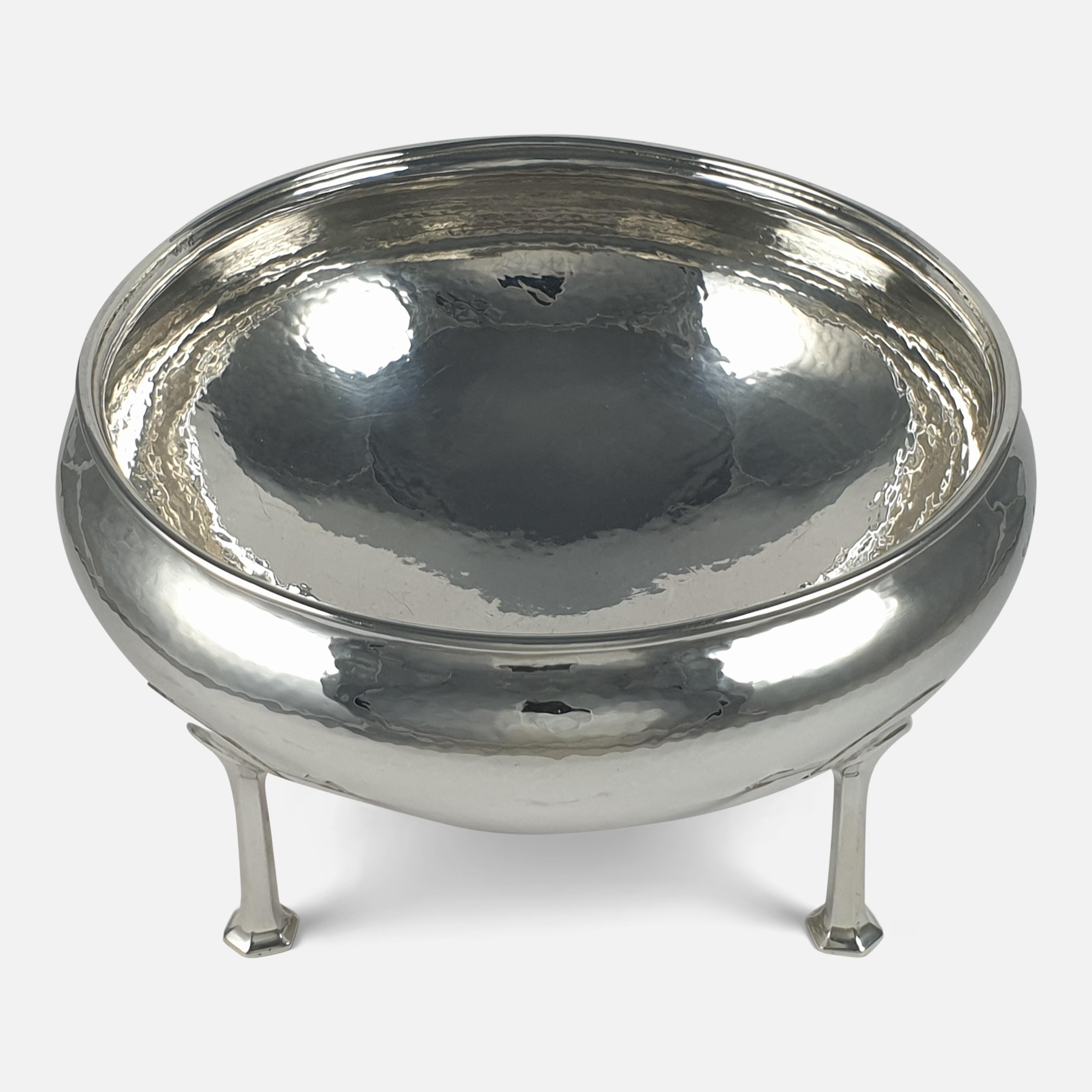 Arts and Crafts Arts & Crafts Sterling Silver Hammered Bowl, A. E. Jones, Birmingham, 1912 For Sale