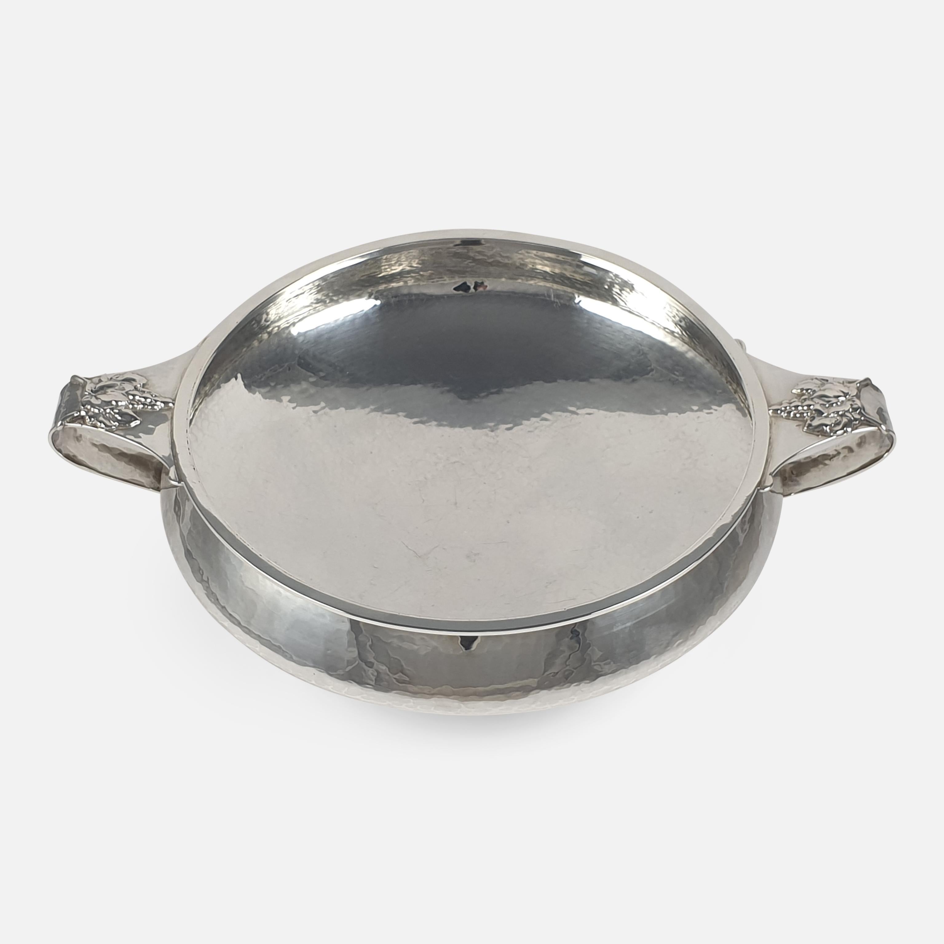 British Arts & Crafts Sterling Silver Twin-Handled Hammered Bowl, A. E. Jones, 1928