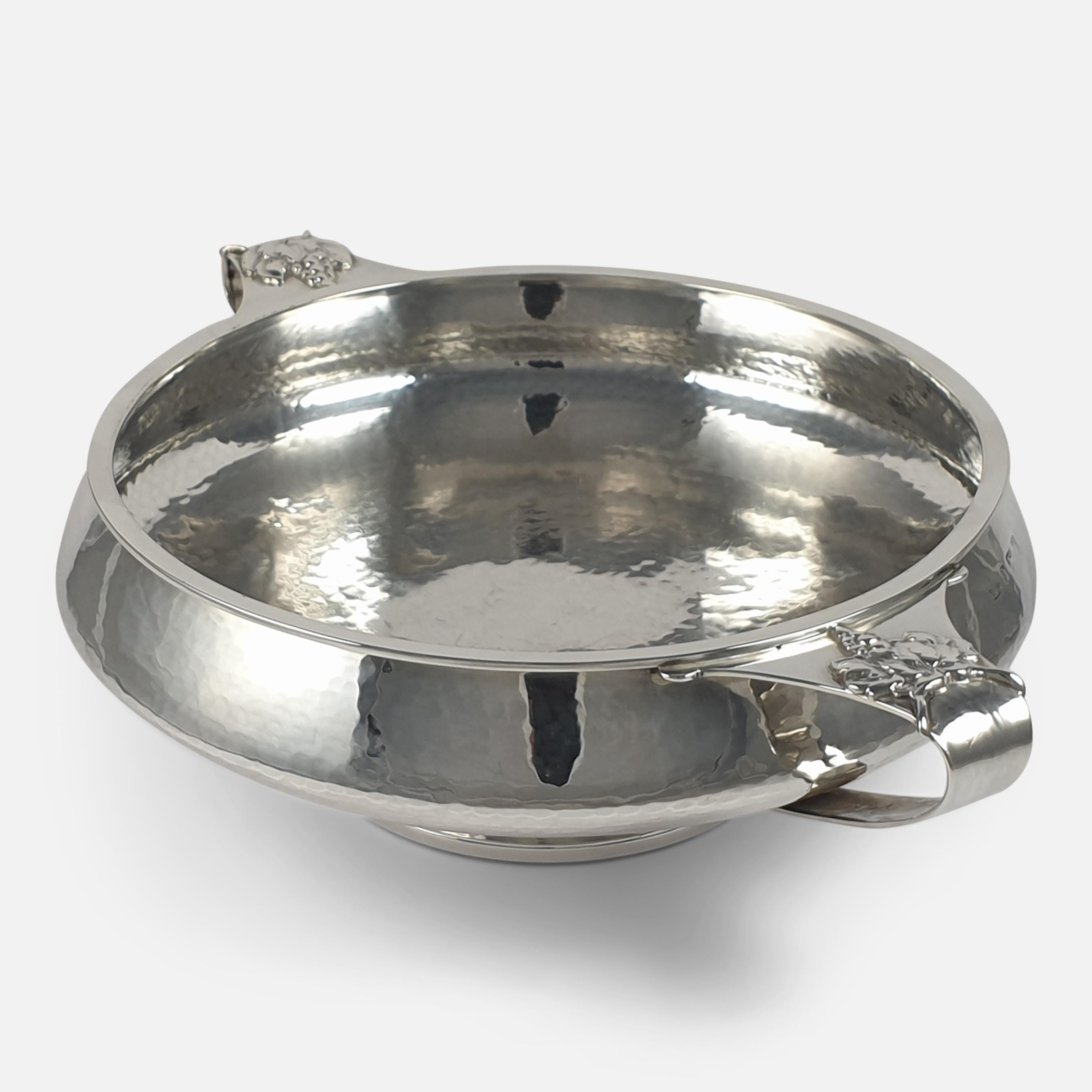 Early 20th Century Arts & Crafts Sterling Silver Twin-Handled Hammered Bowl, A. E. Jones, 1928