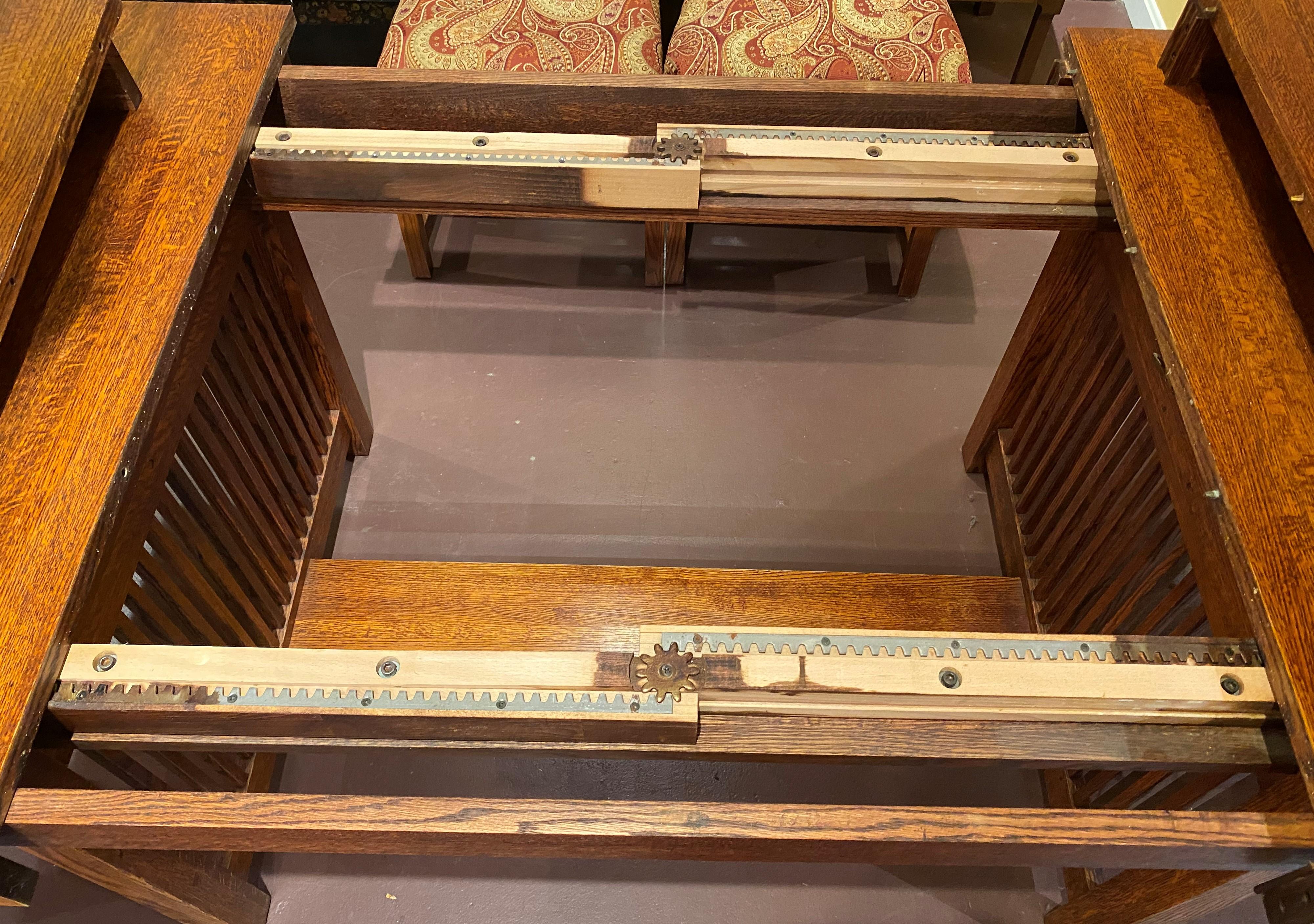 Arts and Crafts Stickley Style Oak Dining Table with 2 Leaves & 6 Chairs In Good Condition In Milford, NH