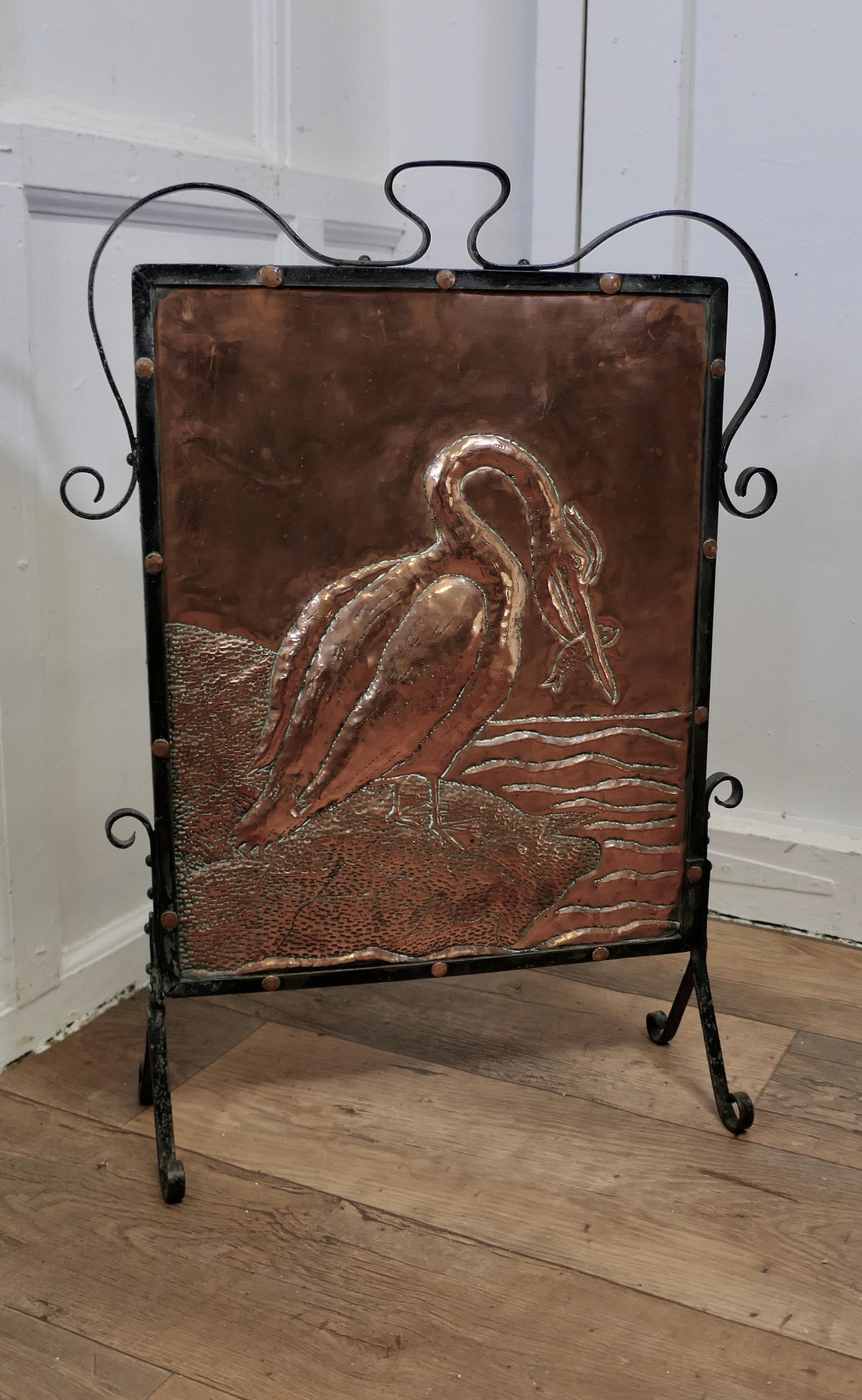 Arts and Crafts Stork and Fish Copper and Iron Fire Screen   In Good Condition For Sale In Chillerton, Isle of Wight