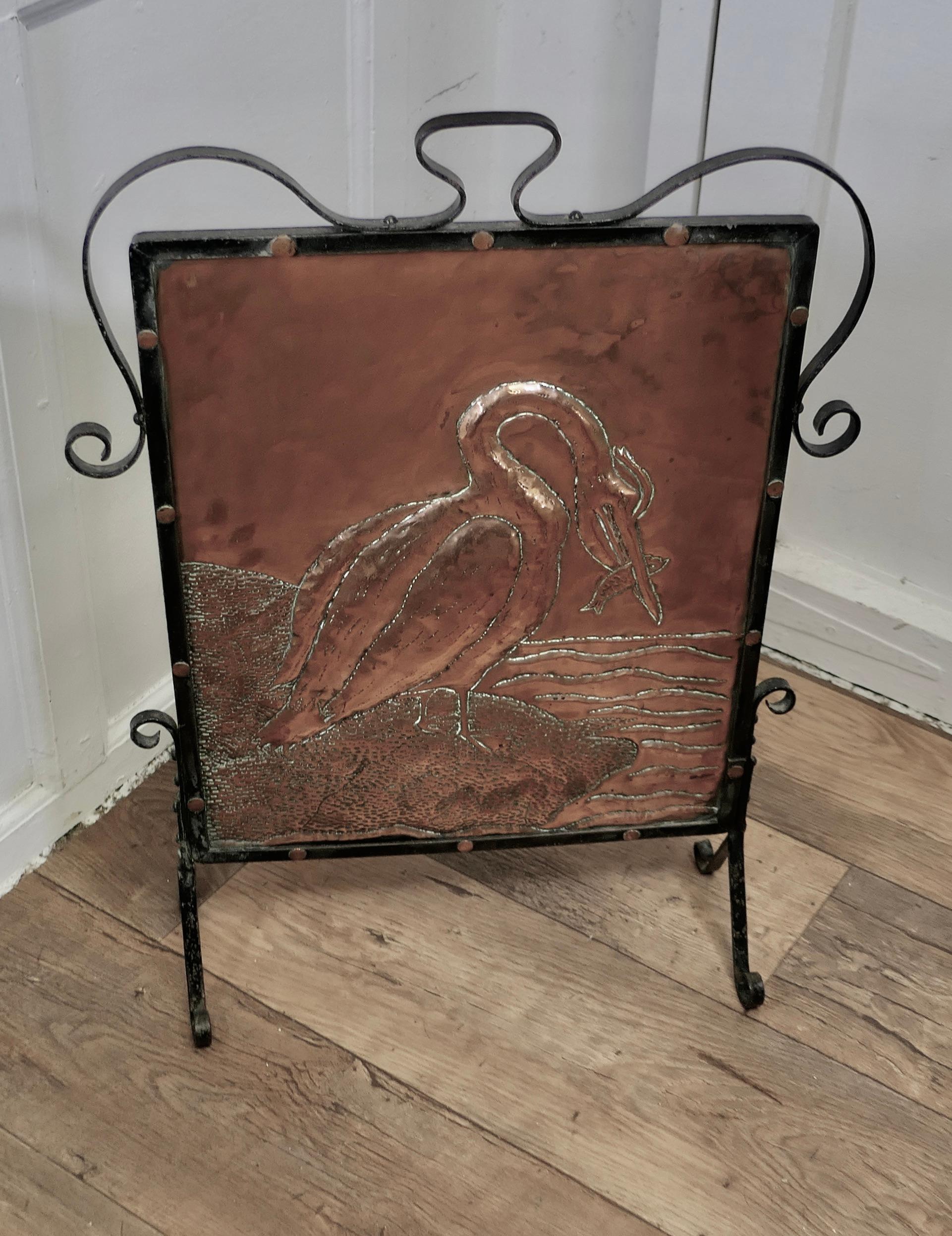 Late 19th Century Arts and Crafts Stork and Fish Copper and Iron Fire Screen   For Sale
