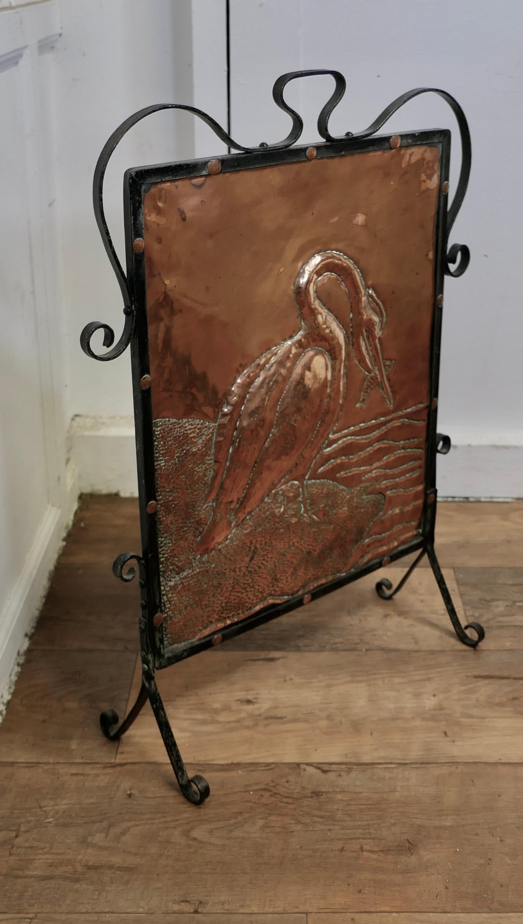 Arts and Crafts Stork and Fish Copper and Iron Fire Screen   For Sale 1
