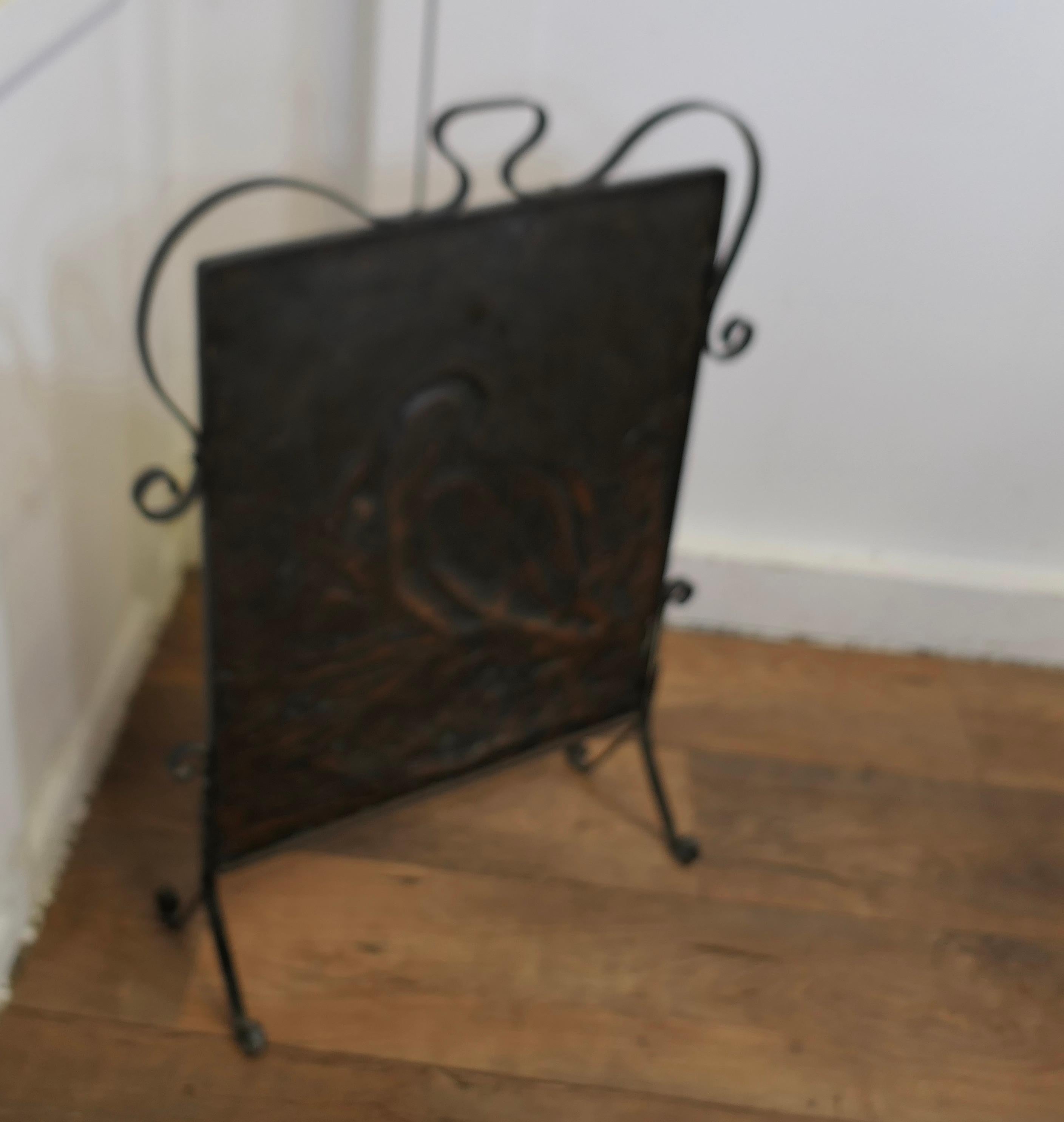 Arts and Crafts Stork and Fish Copper and Iron Fire Screen   For Sale 2