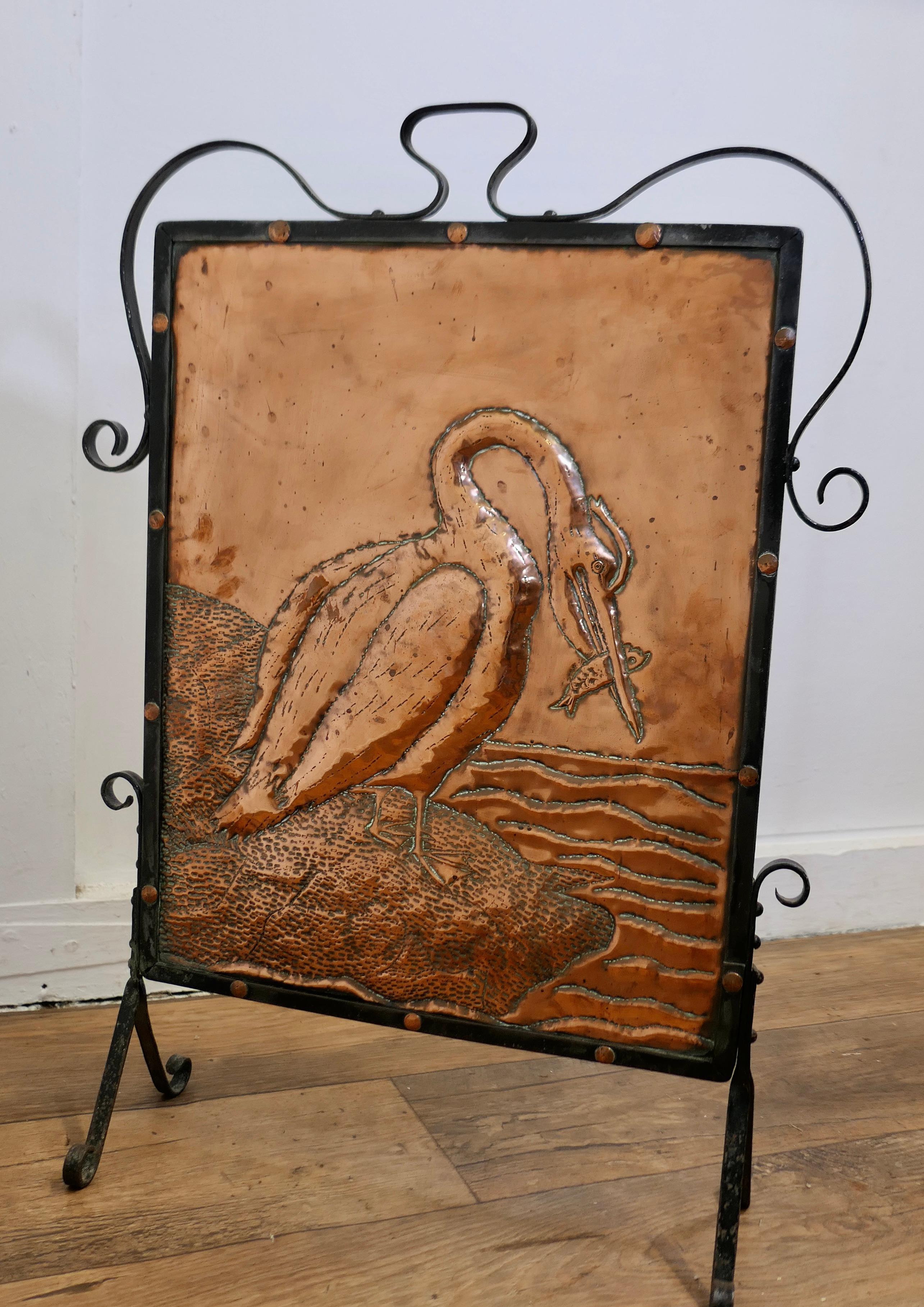 Arts and Crafts Stork and Fish Copper and Iron Fire Screen   For Sale 3