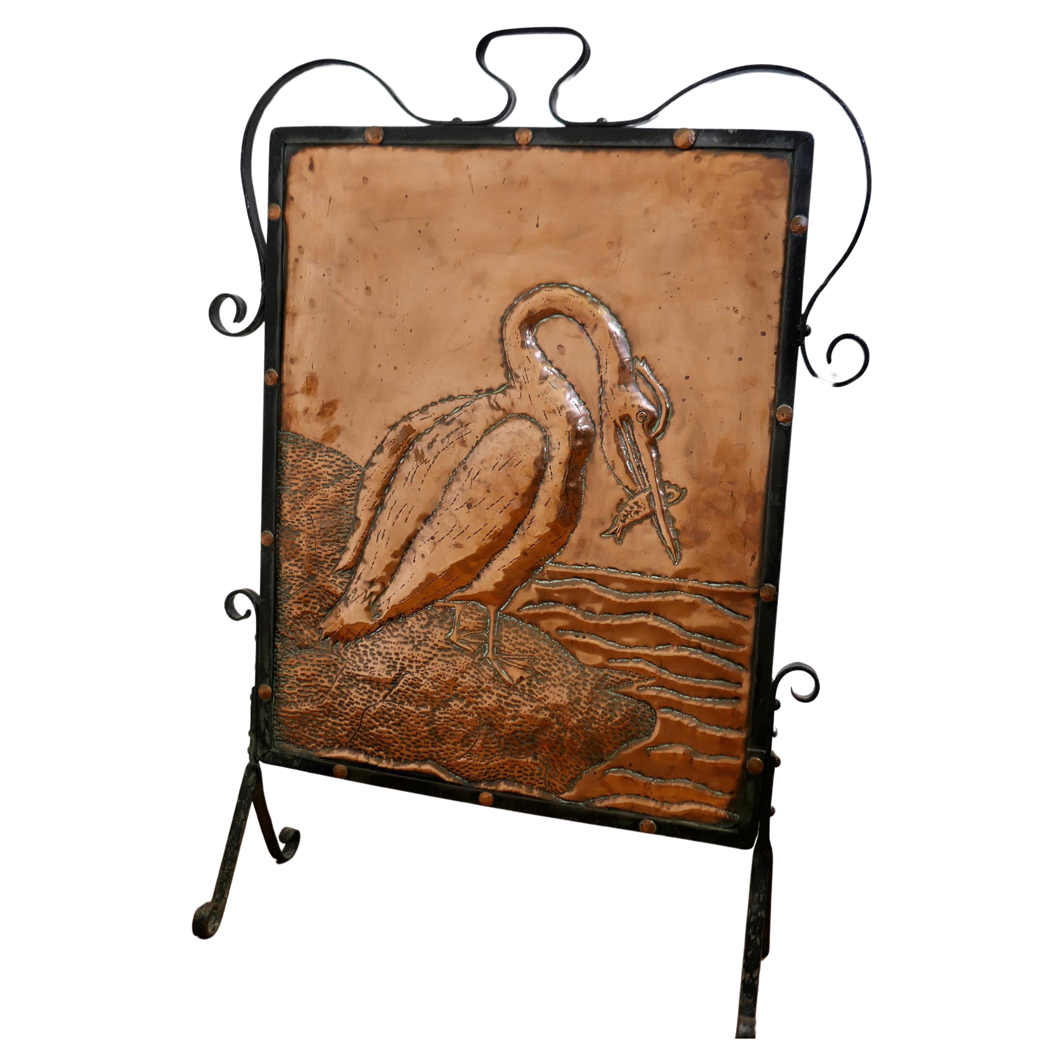 Arts and Crafts Stork and Fish Copper and Iron Fire Screen   For Sale