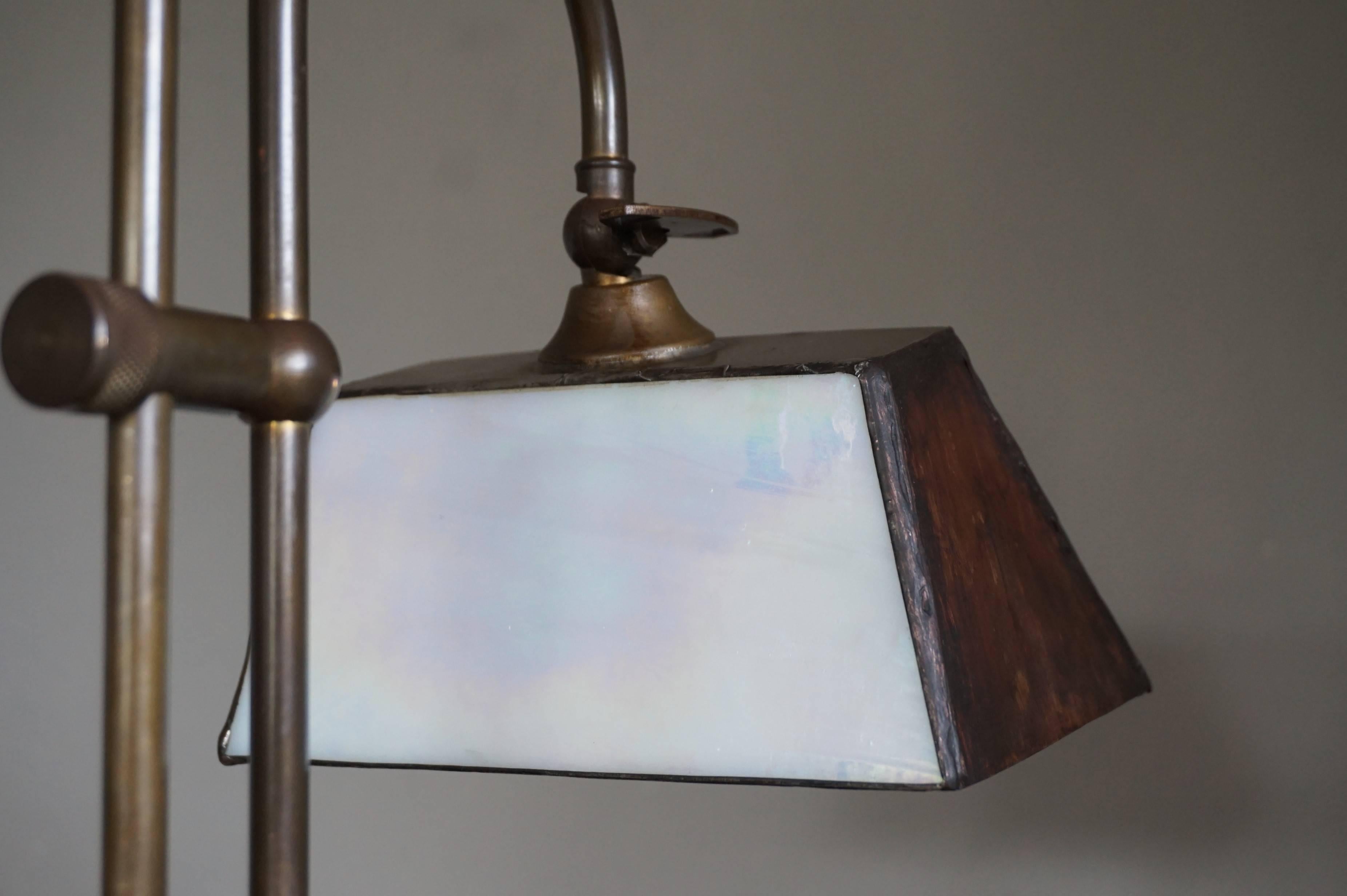 European Arts & Crafts Style Brass and Mother-of-Pearl Color Glass Table or Desk Lamp