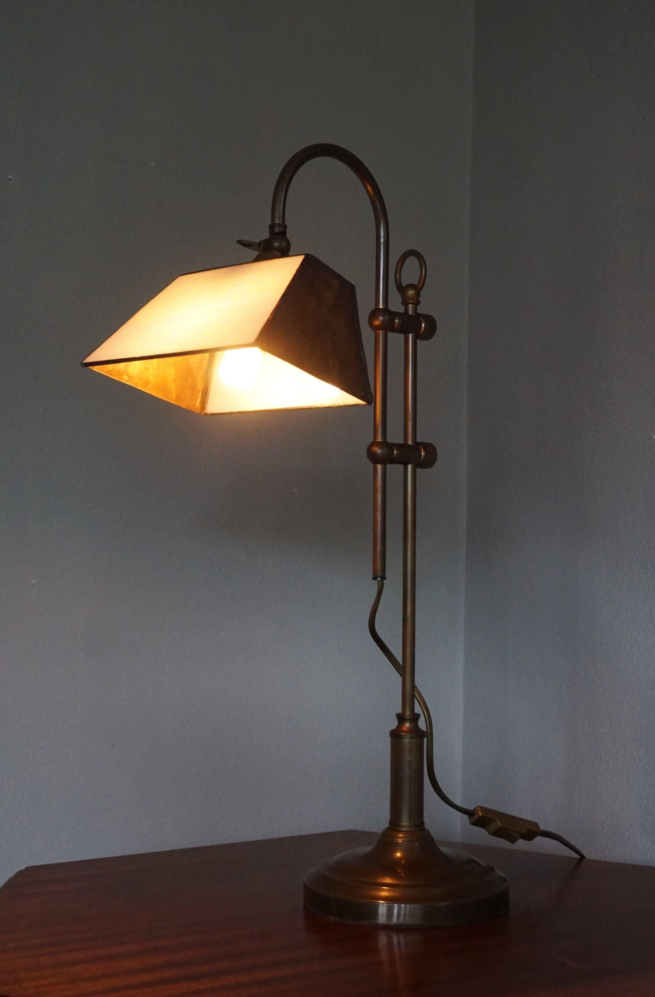 20th Century Arts & Crafts Style Brass and Mother-of-Pearl Color Glass Table or Desk Lamp