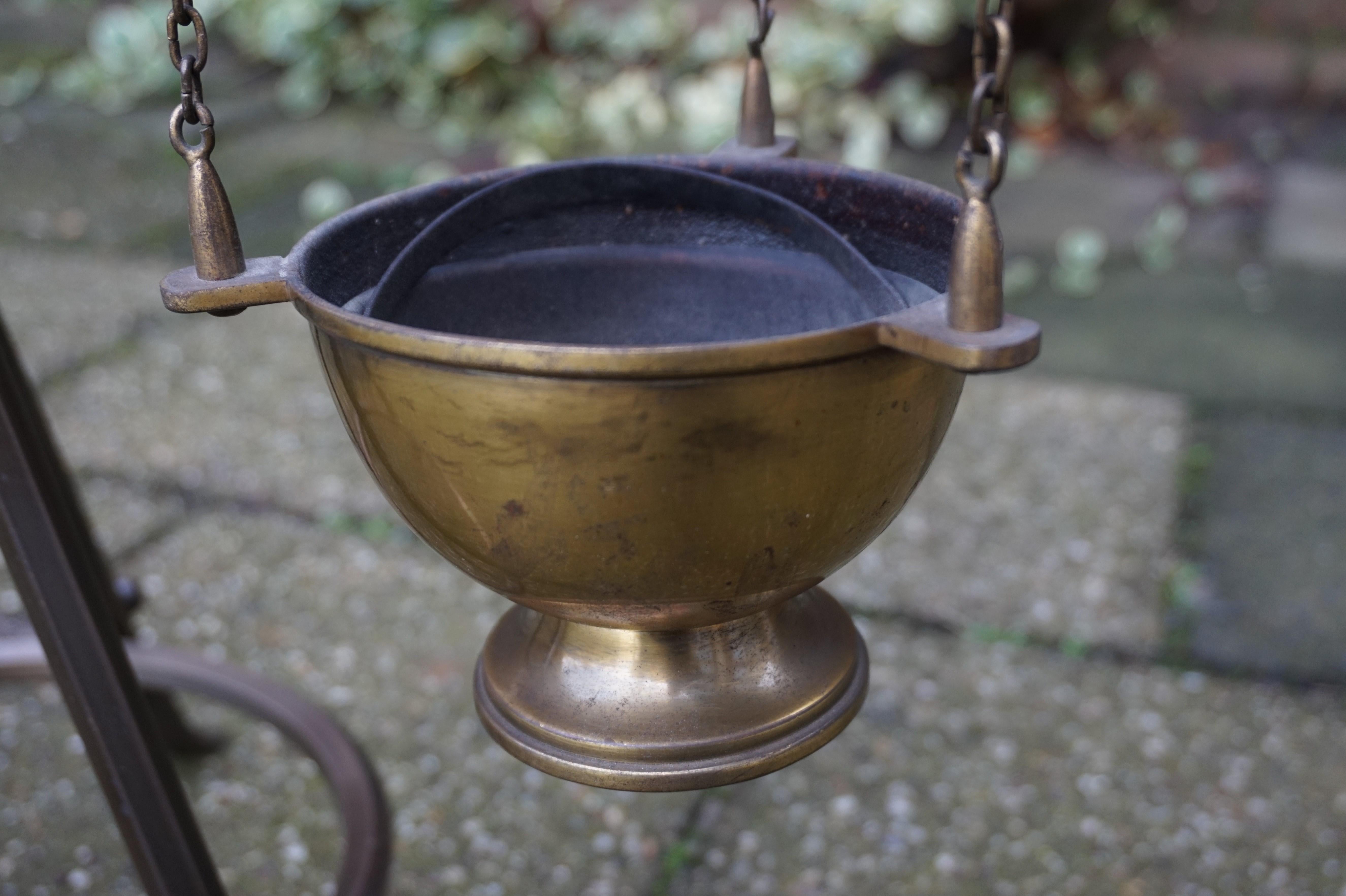 Arts & Crafts Style Bronzed Brass Church Floor Stand & Original Incense Burner 1