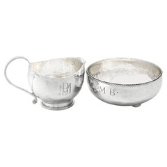 Jarra para crema y azucarero ingleses de plata de ley estilo Arts and Crafts