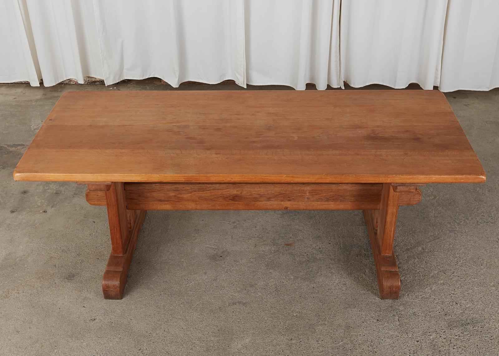 Arts & Crafts Style French Oak Farmhouse Trestle Dining Table In Good Condition In Rio Vista, CA