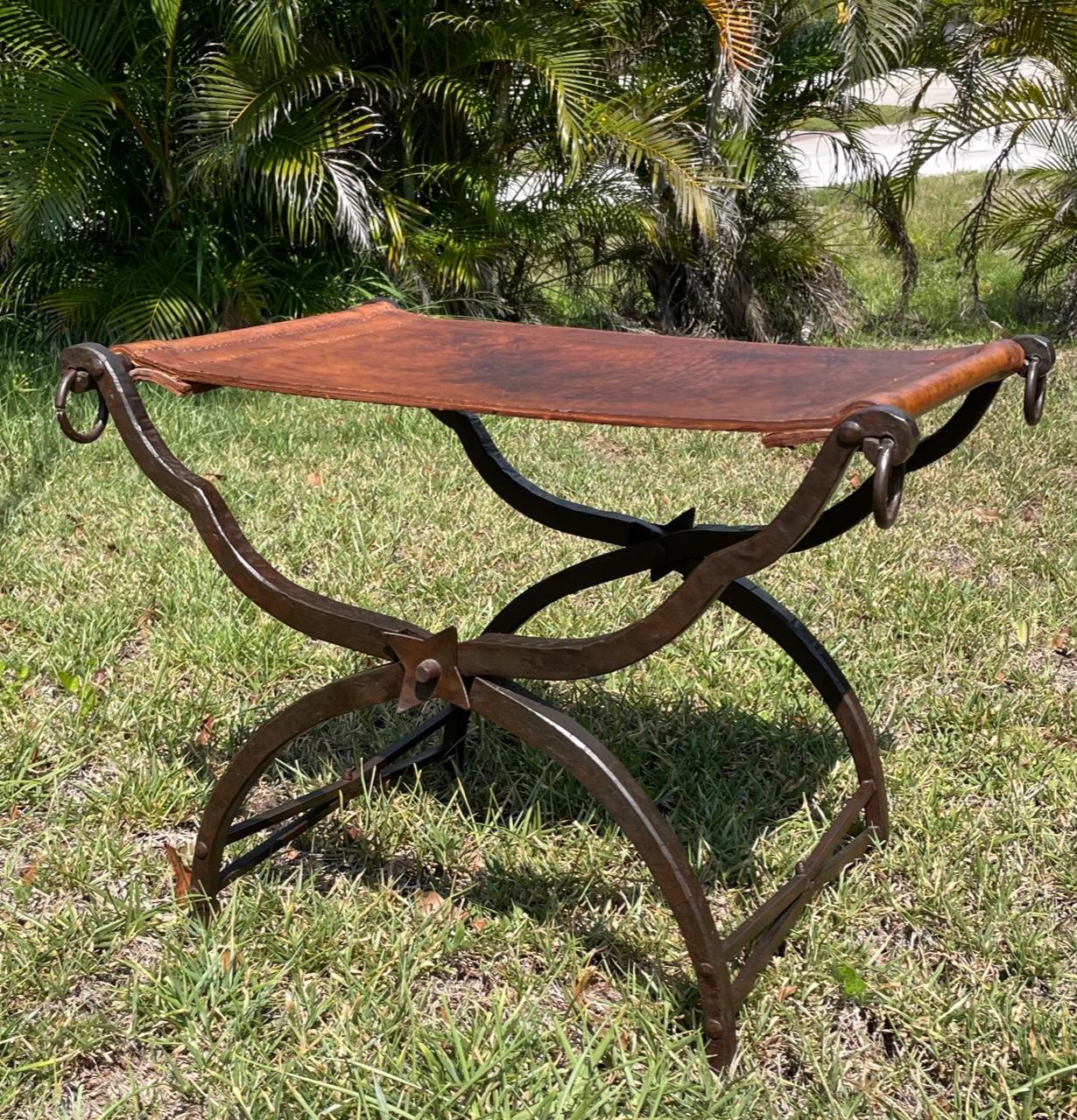 20th Century Arts and Crafts Style Morgan Colt Hand Hammered Wrought Iron Folding Curule Seat