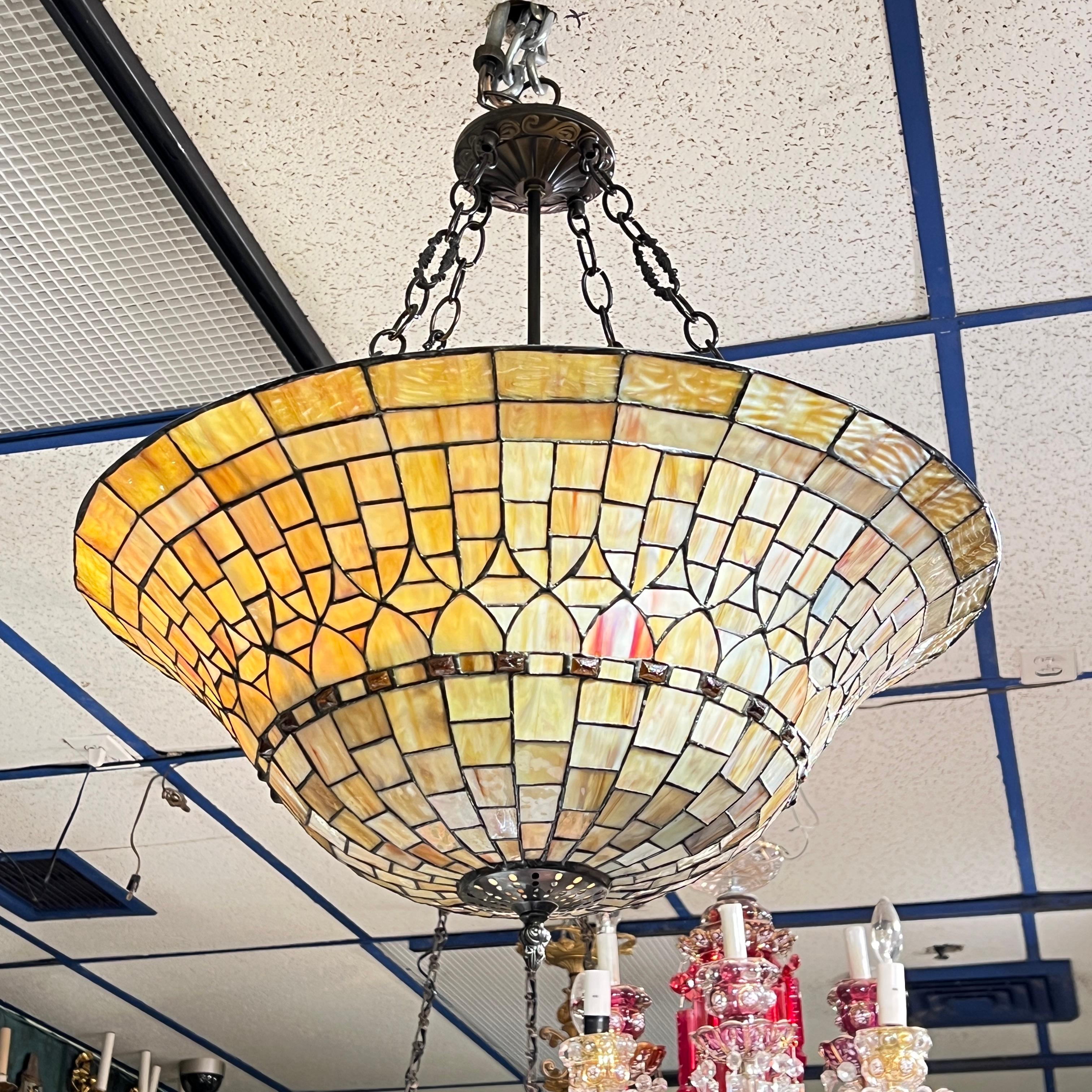 Arts and Crafts Style Leaded Stained Glass Chandelier In Good Condition For Sale In New York, NY