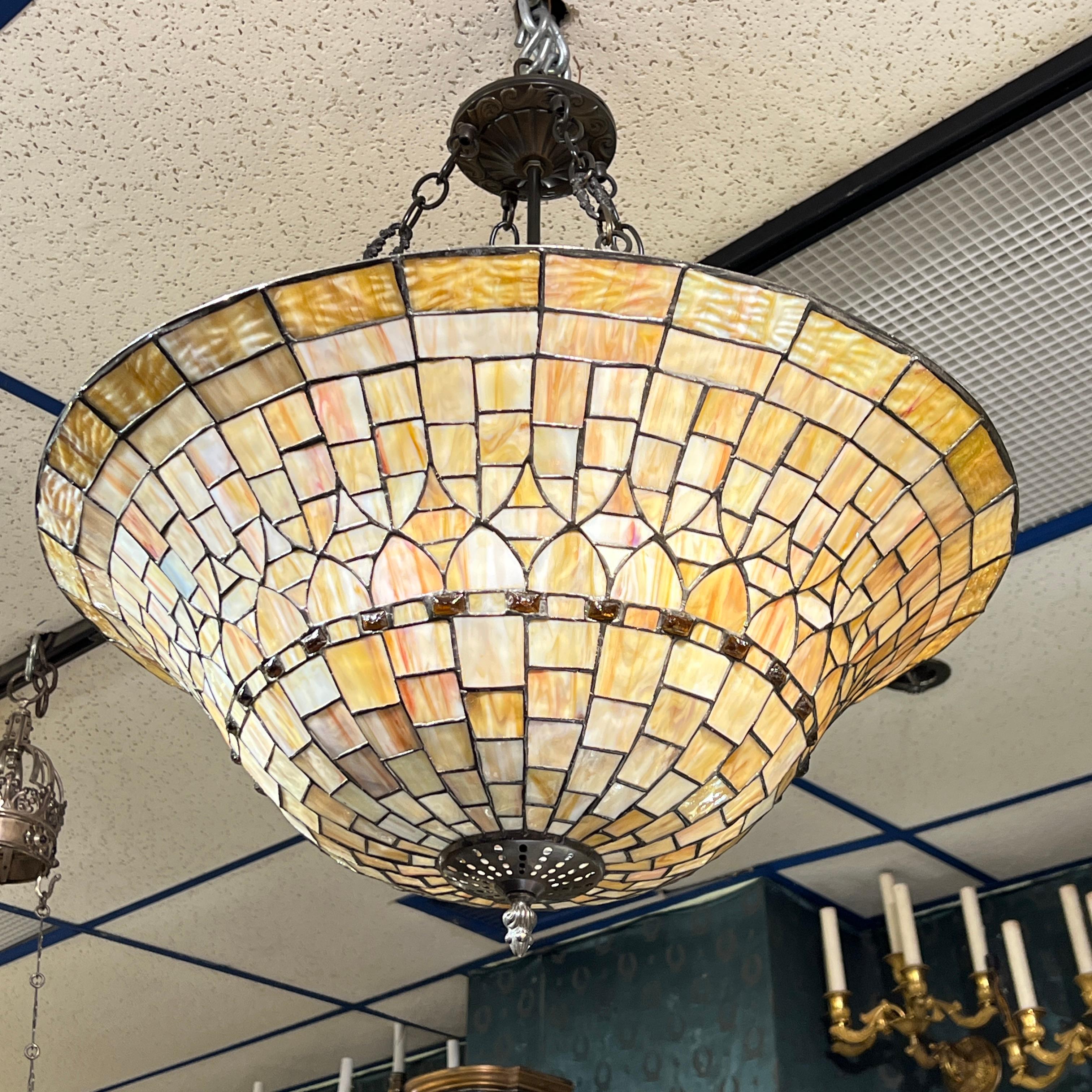20th Century Arts and Crafts Style Leaded Stained Glass Chandelier For Sale