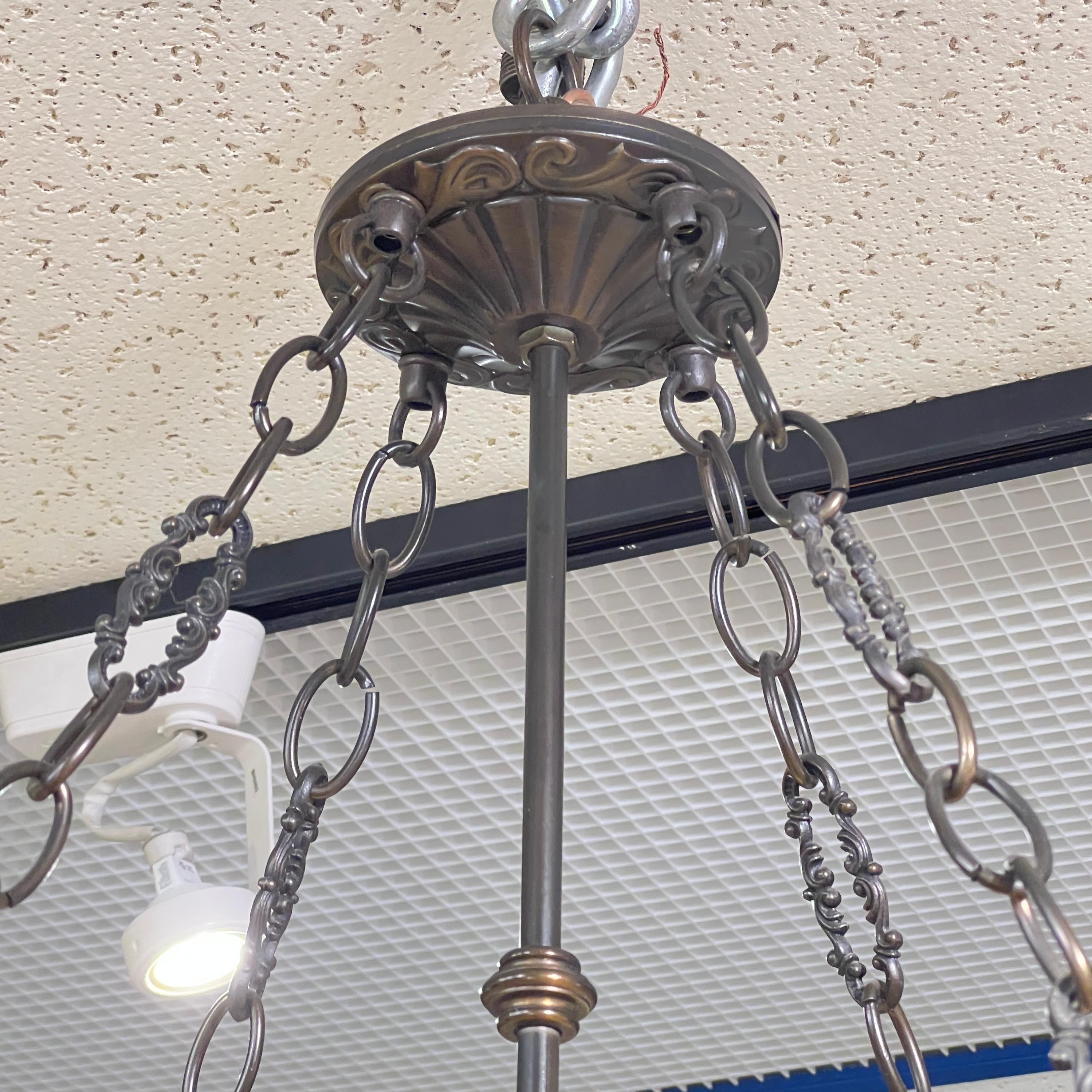 Slag Glass Arts and Crafts Style Leaded Stained Glass Chandelier For Sale