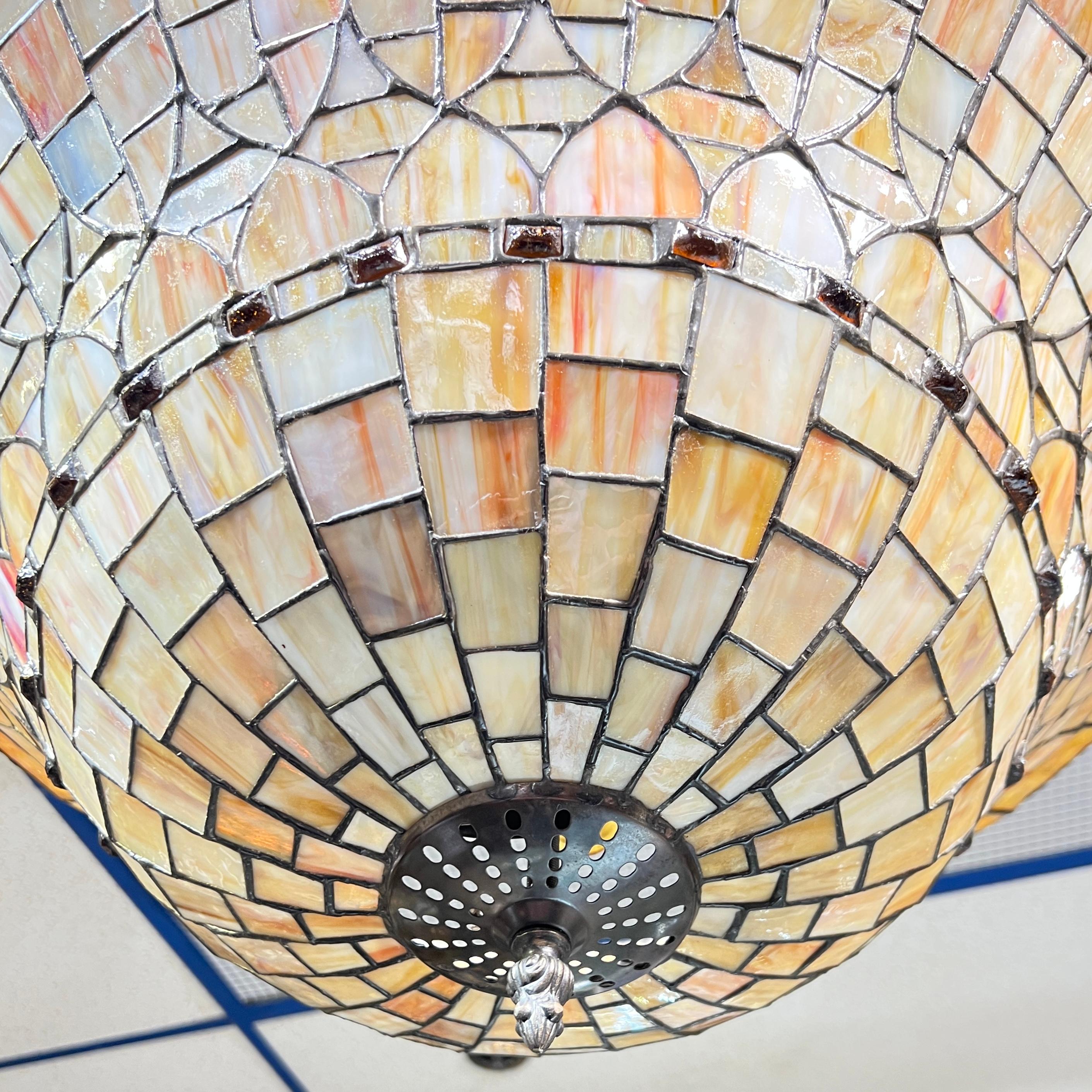 Arts and Crafts Style Leaded Stained Glass Chandelier For Sale 1