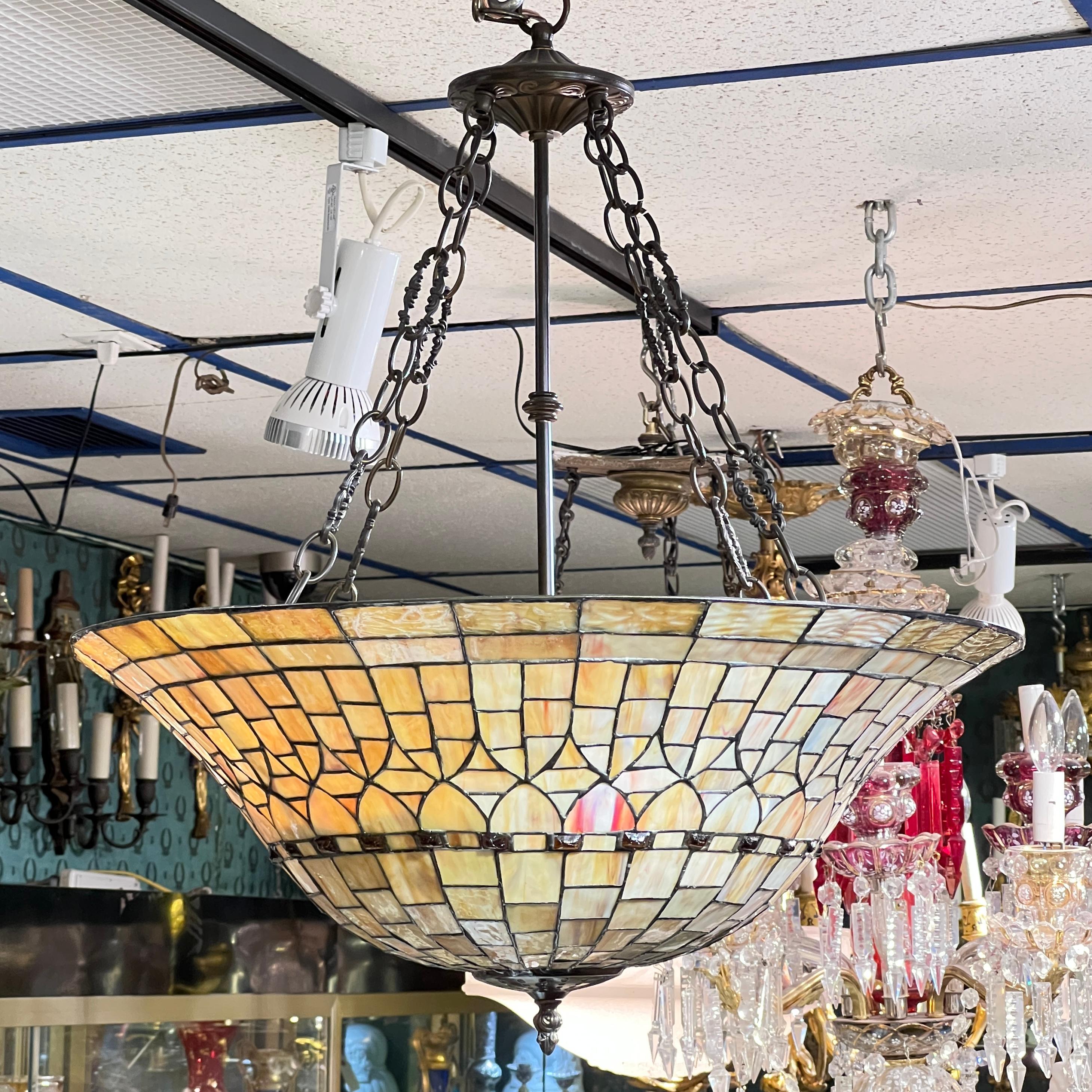 Arts and Crafts Style Leaded Stained Glass Chandelier For Sale 3