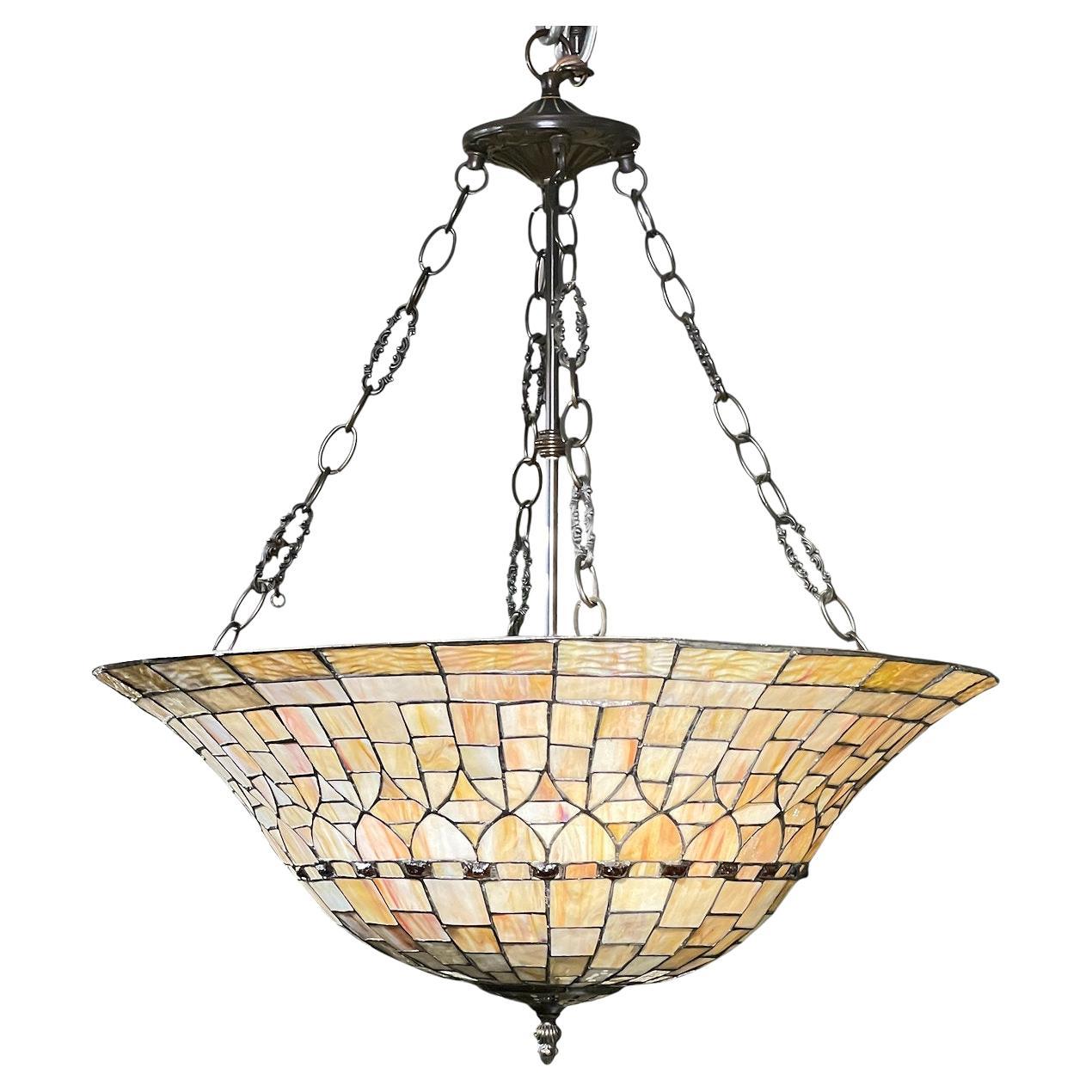 Arts and Crafts Style Leaded Stained Glass Chandelier For Sale