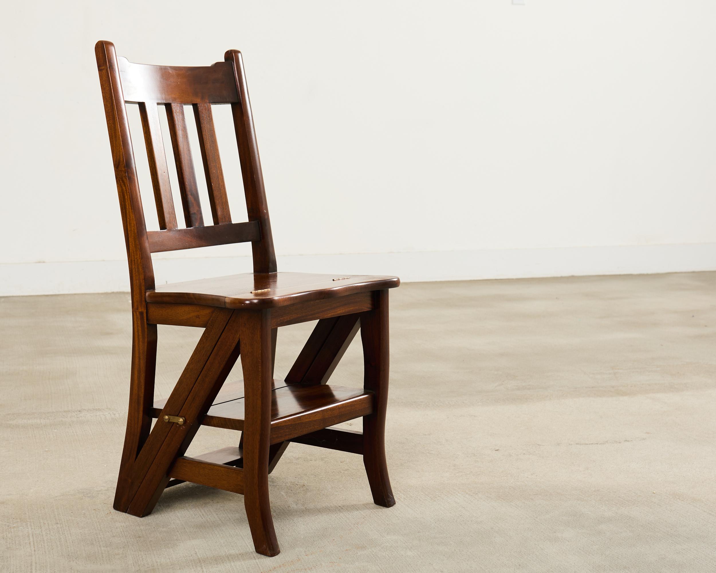 Brass Arts and Crafts Style Mahogany Metamorphic Library Chair For Sale