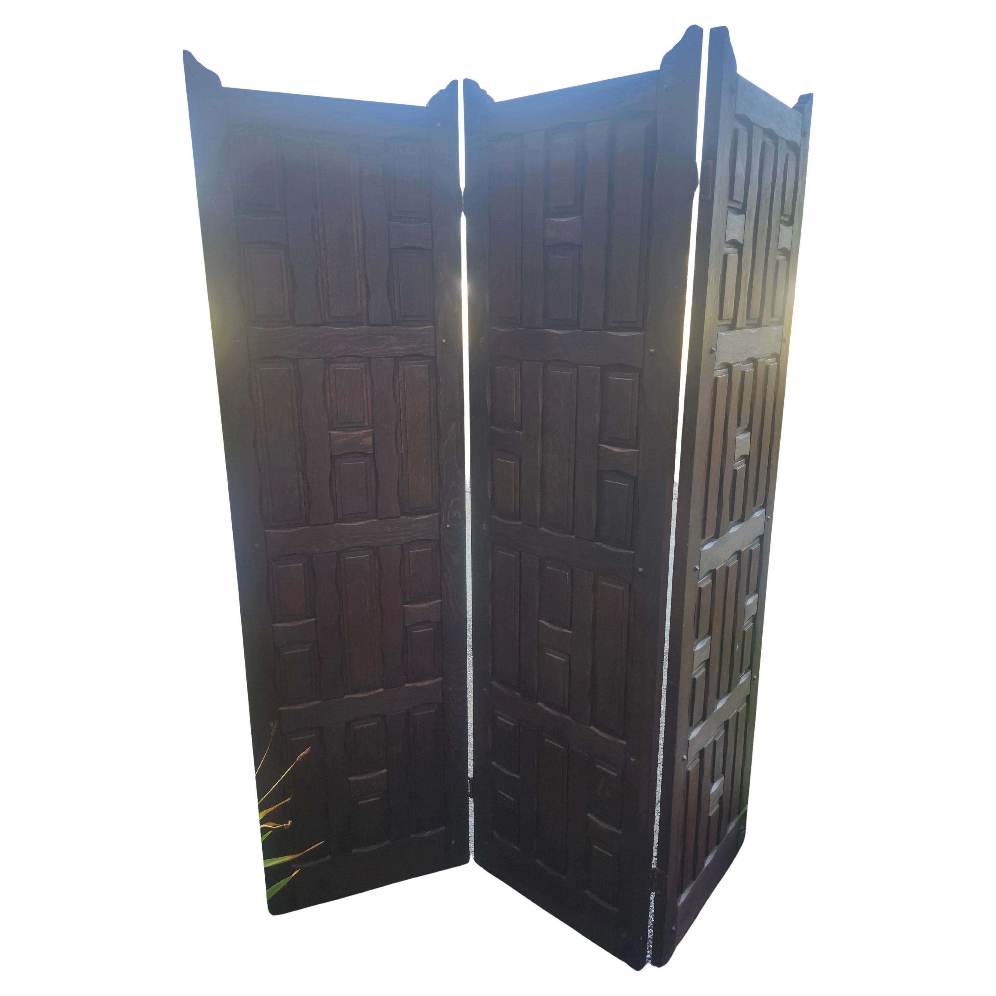 American Arts and Crafts Style Oak Paneled Room Divider Three Panel Screen For Sale