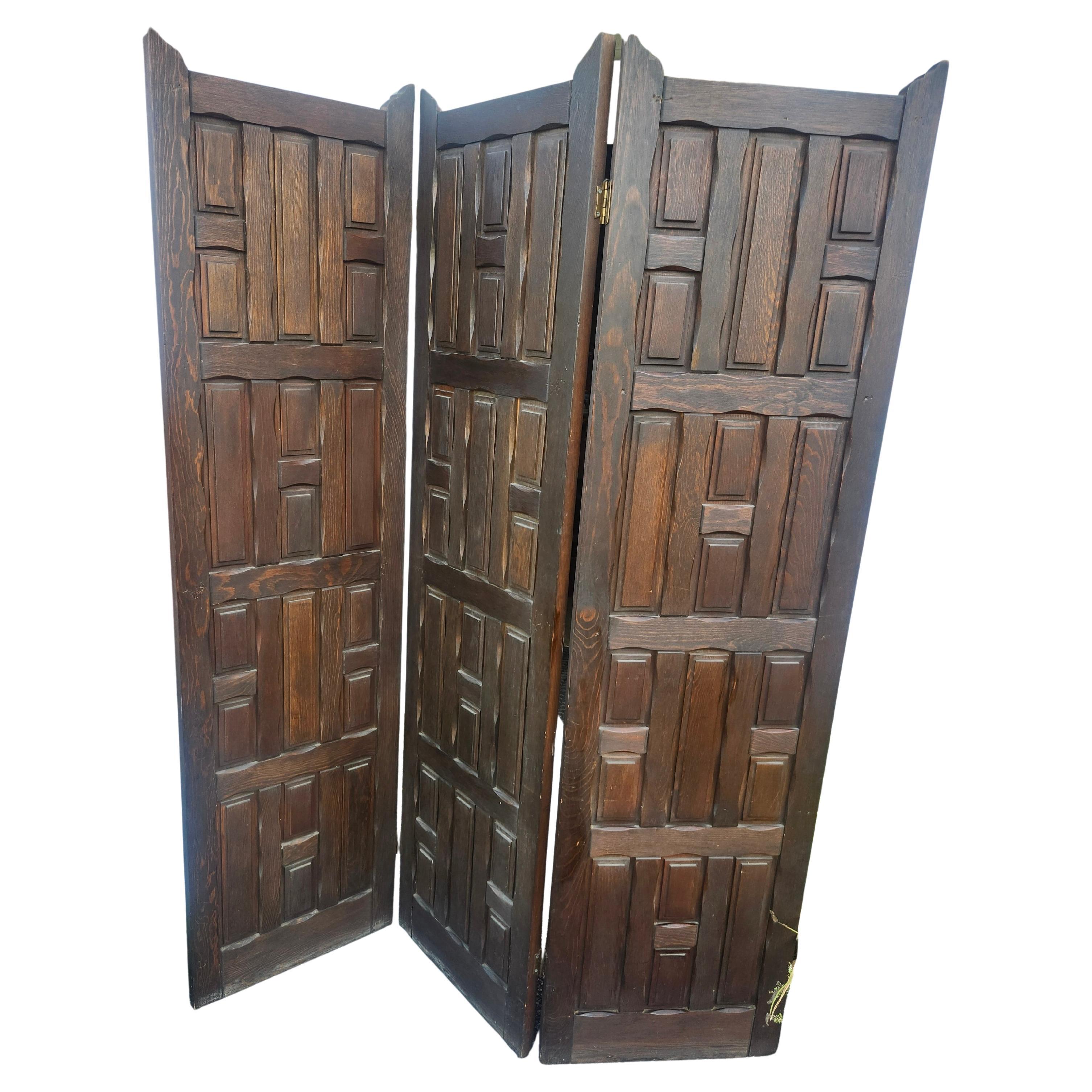 Arts and Crafts Style Oak Paneled Room Divider Three Panel Screen