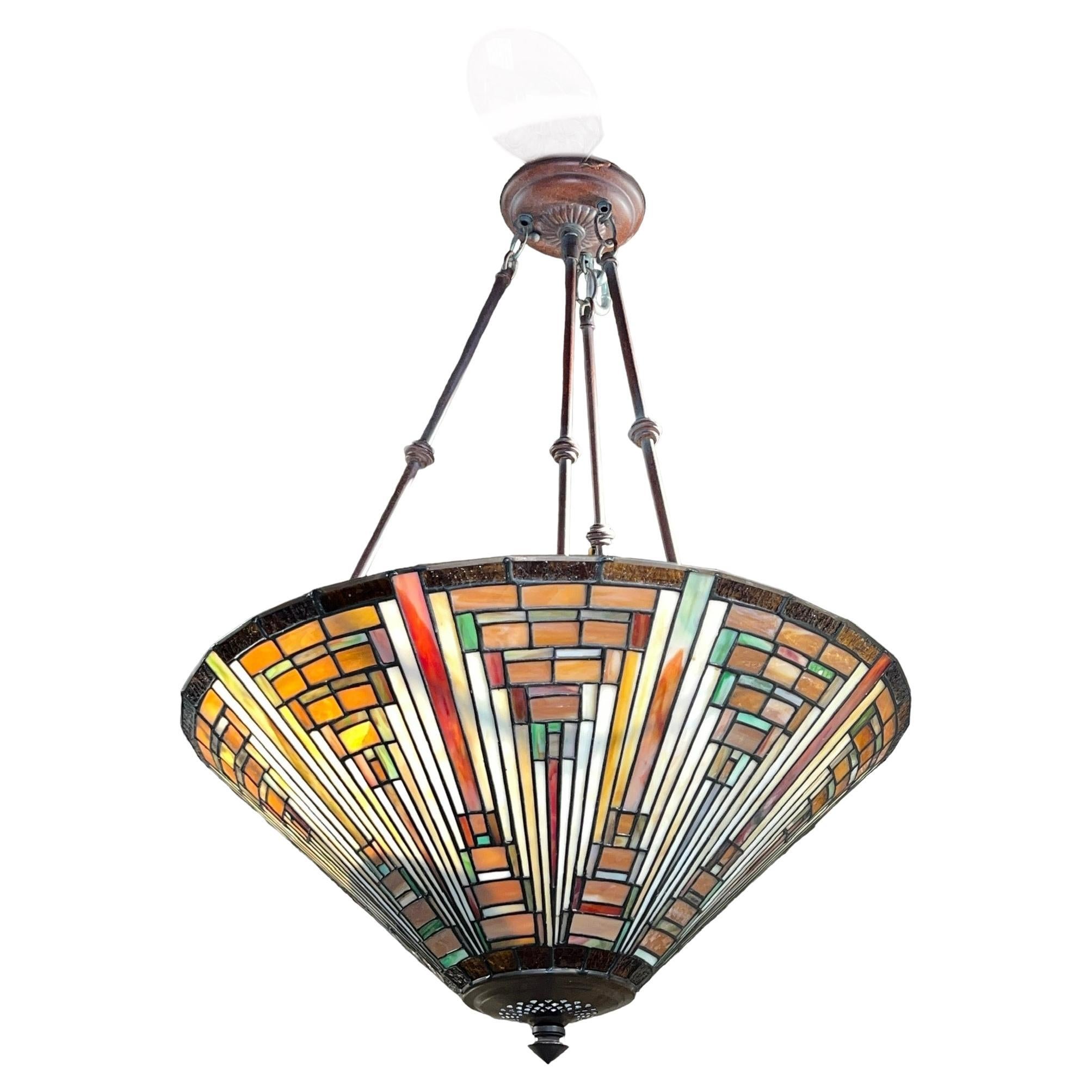 Fine Quality Tiffany Style Bronze and Stained Glass Chandelier at