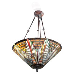 Arts and Crafts Style Stained Glass and Bronze Chandelier