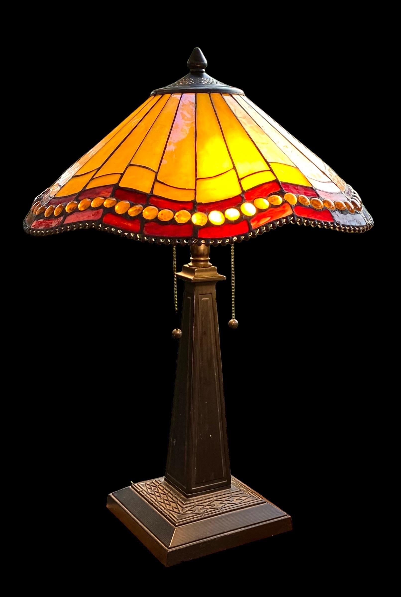 American Arts and Crafts Style Table Lamp with Beaded Slag Glass Shade