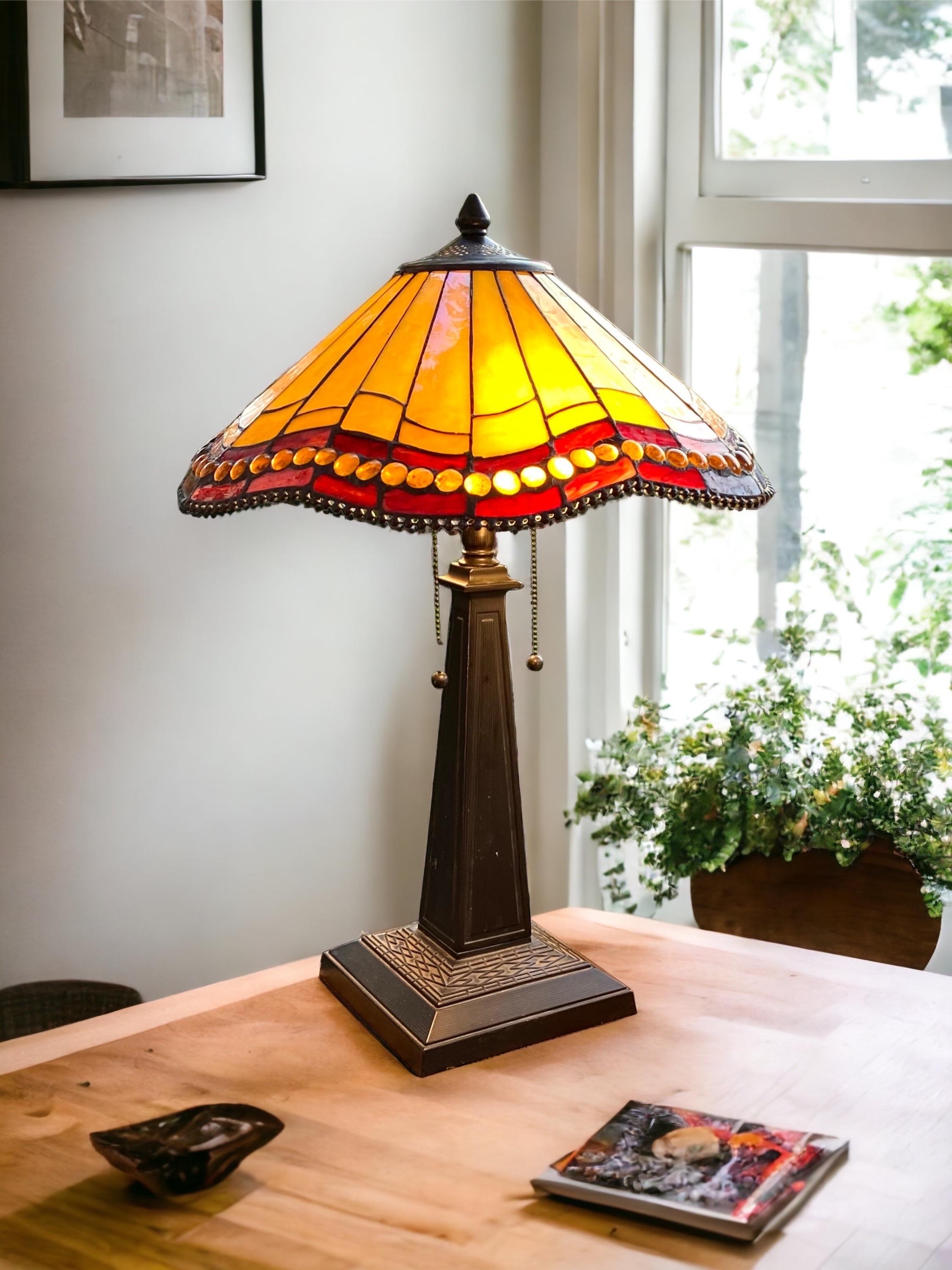 Arts and Crafts Style Table Lamp with Beaded Slag Glass Shade In Good Condition In New Orleans, LA