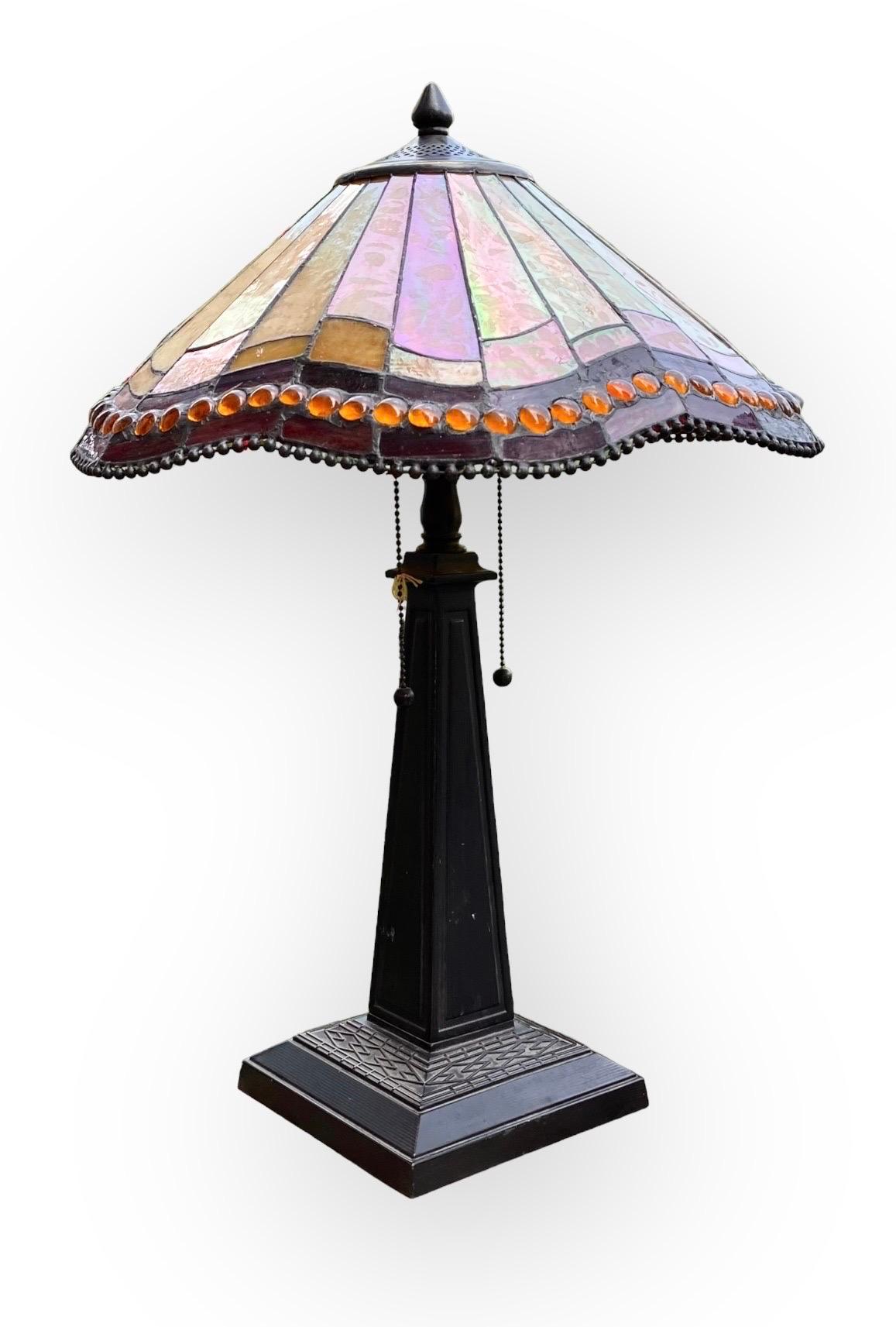 Late 20th Century Arts and Crafts Style Table Lamp with Beaded Slag Glass Shade