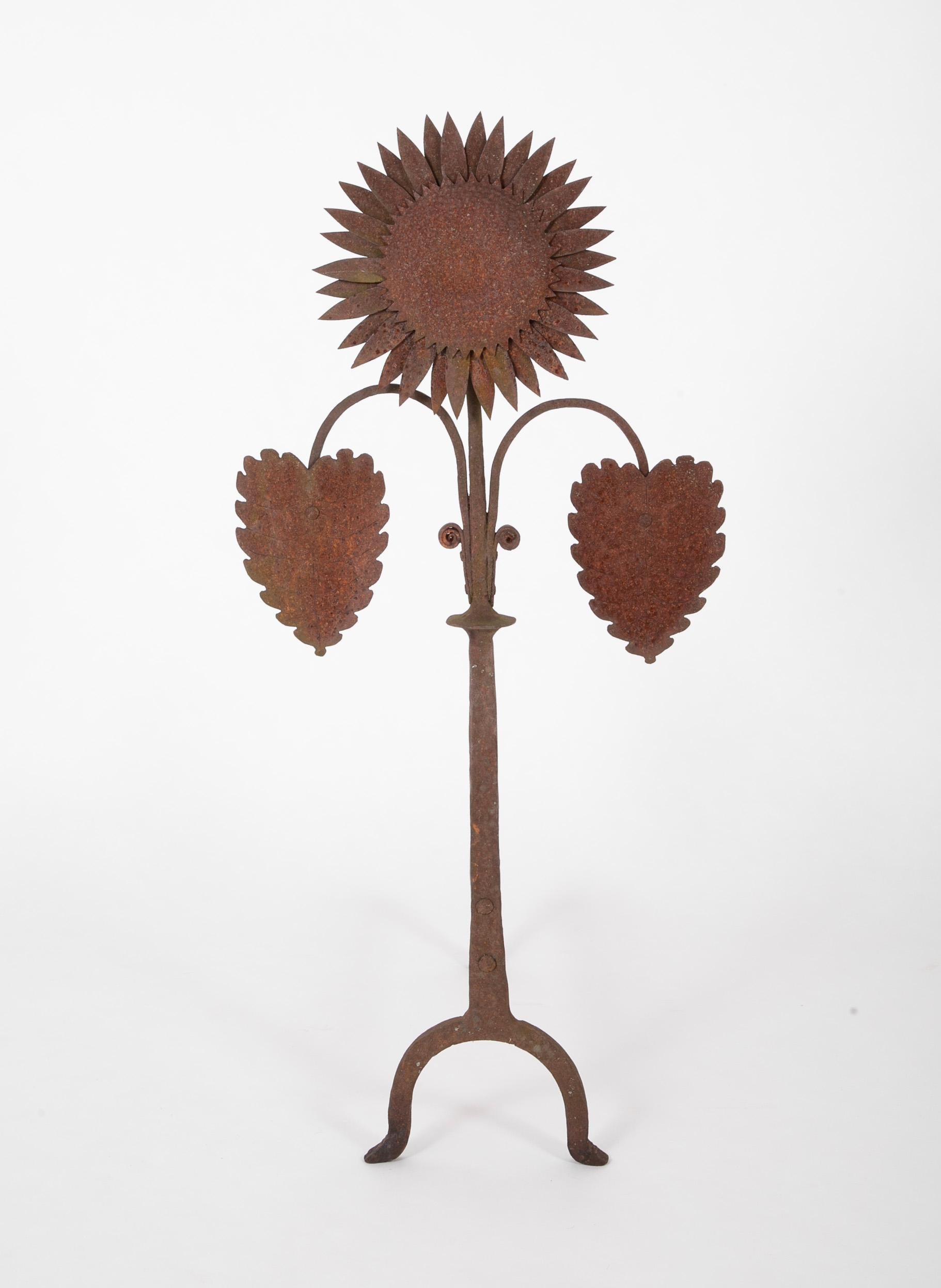 Hammered Arts And Crafts Sunflower Form Andirons