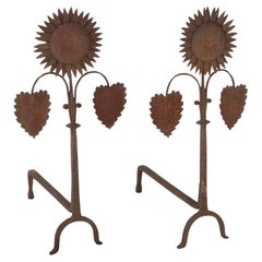Antique Arts And Crafts Sunflower Form Andirons 