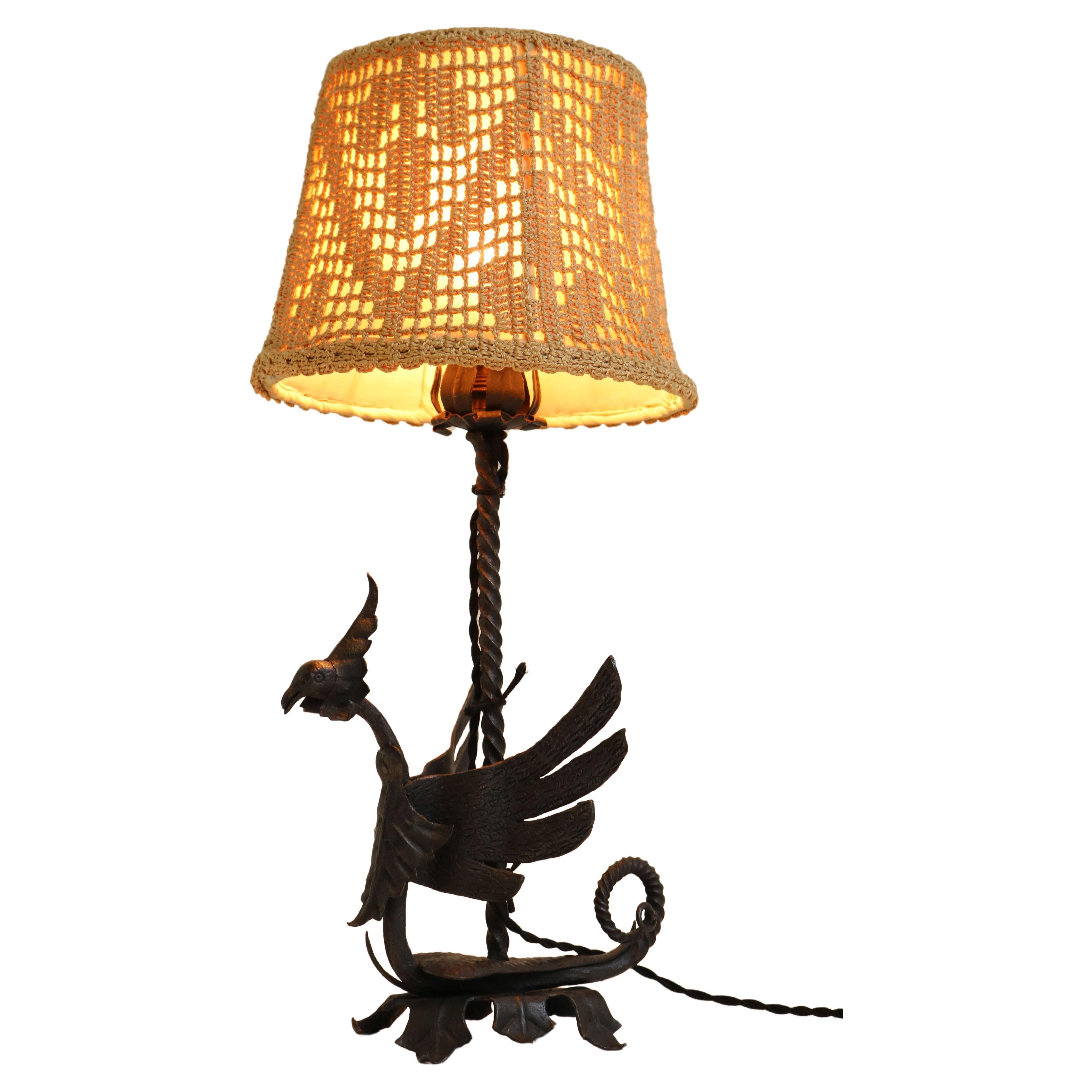 Arts and Crafts Table Lamp Wrought iron by Umberto Bellotto 1910 Dragon Italian For Sale