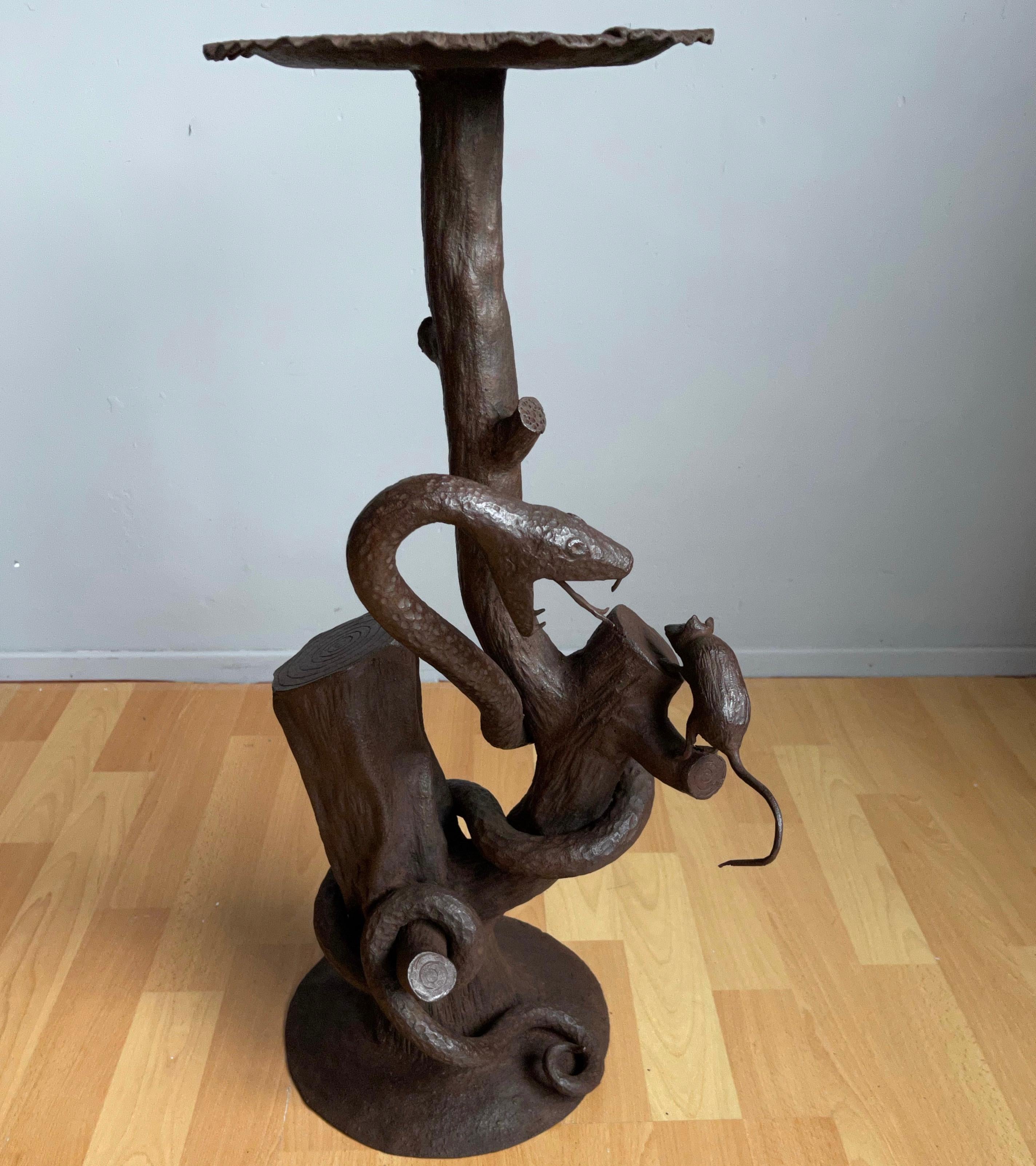Arts & Crafts Table / Plant Stand with Snake & Mouse Sculptures around a Tree 9