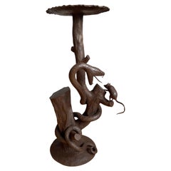 Arts & Crafts Table / Plant Stand with Snake & Mouse Sculptures around a Tree